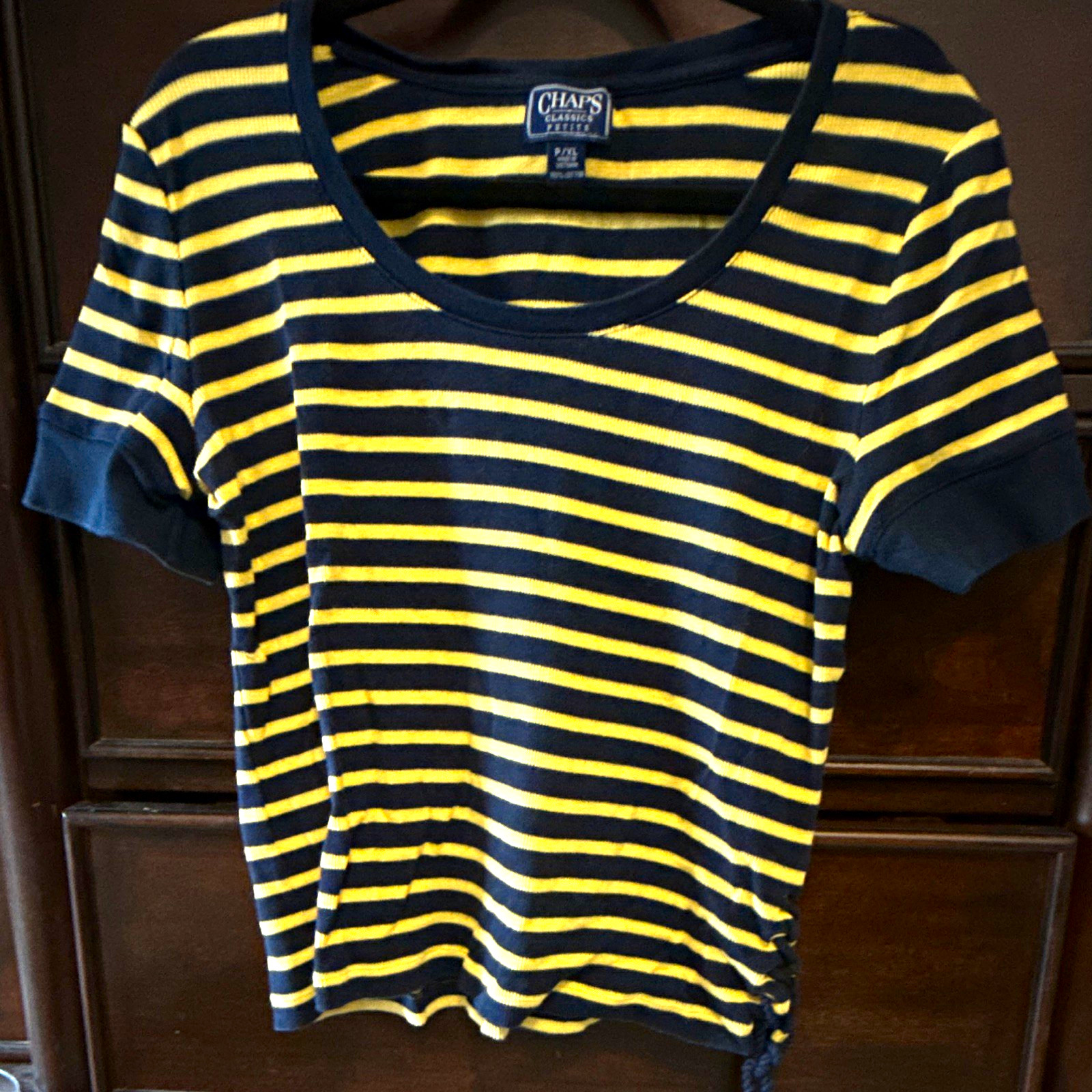 Chaps Classics Women’s Petite P/XL Navy Yellow Striped Scoop Neck Cotton Tee