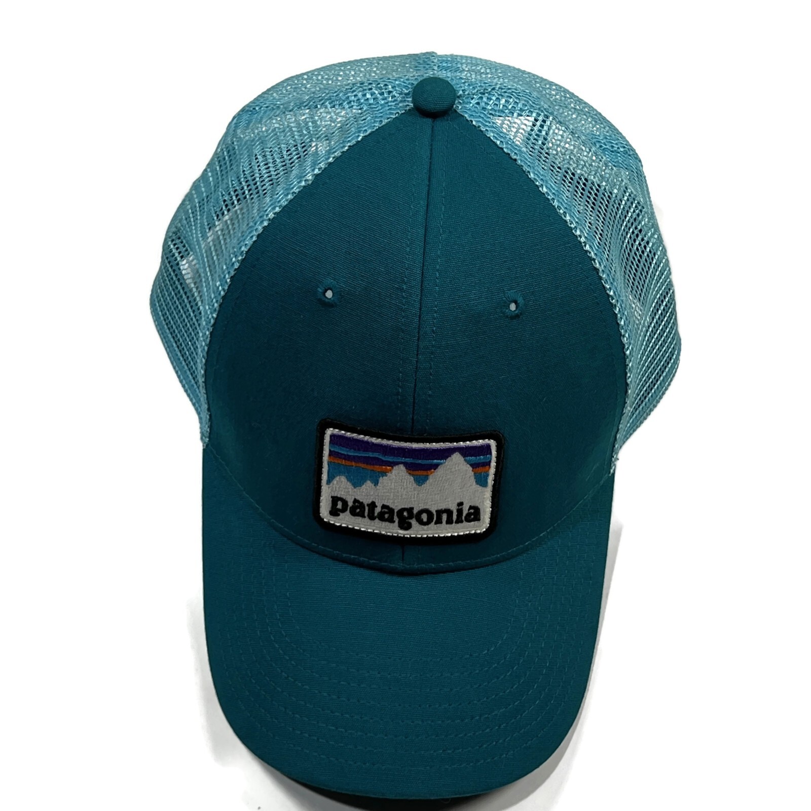 Patagonia Shop Sticker Patch Lopro Trucker Hat Snapback Blue Green Mesh 2017
