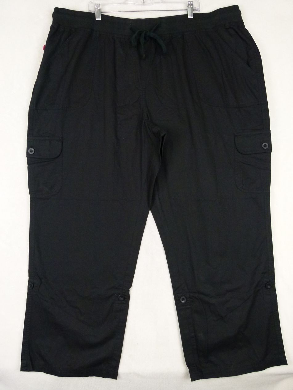 Woman Within Women’s 28W 48×30 Black Solid Cargo Cotton Capri Pants Drawstring