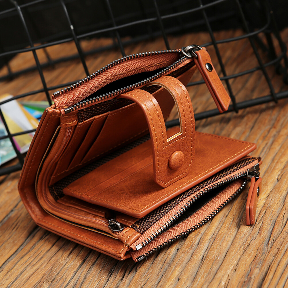 Genuine Leather Zipper Wallet Short RFID Blocking Bifold Big Capacity Coin Purse