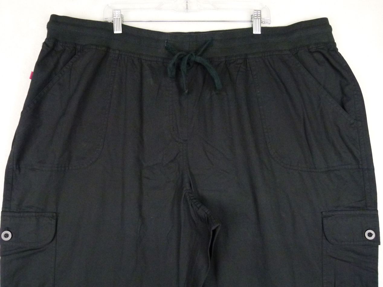 Woman Within Women’s 28W 48×30 Black Solid Cargo Cotton Capri Pants Drawstring
