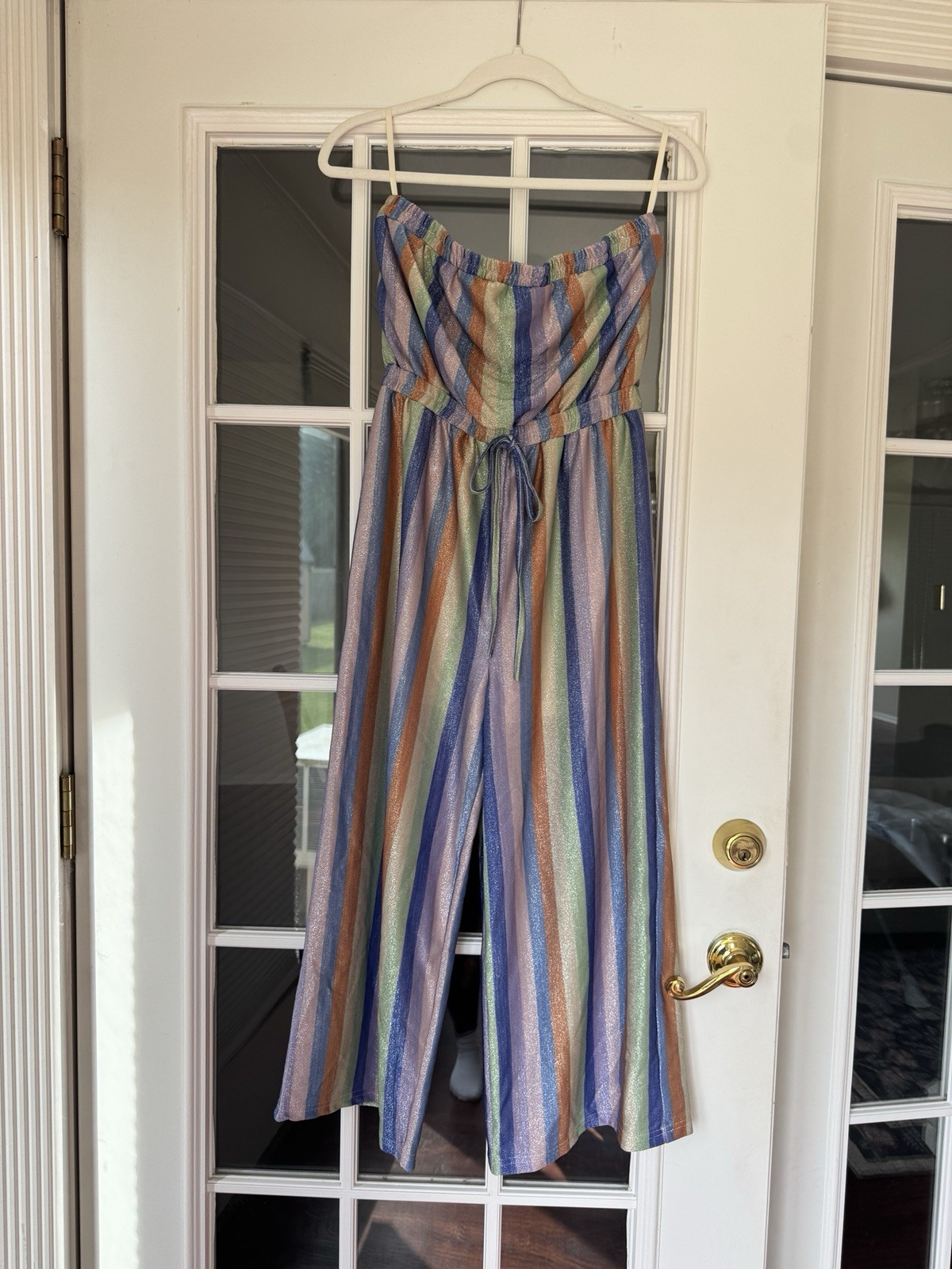 Moon River Strapless Striped Wide-Leg Jumpsuit M Polyester Elastic Waist