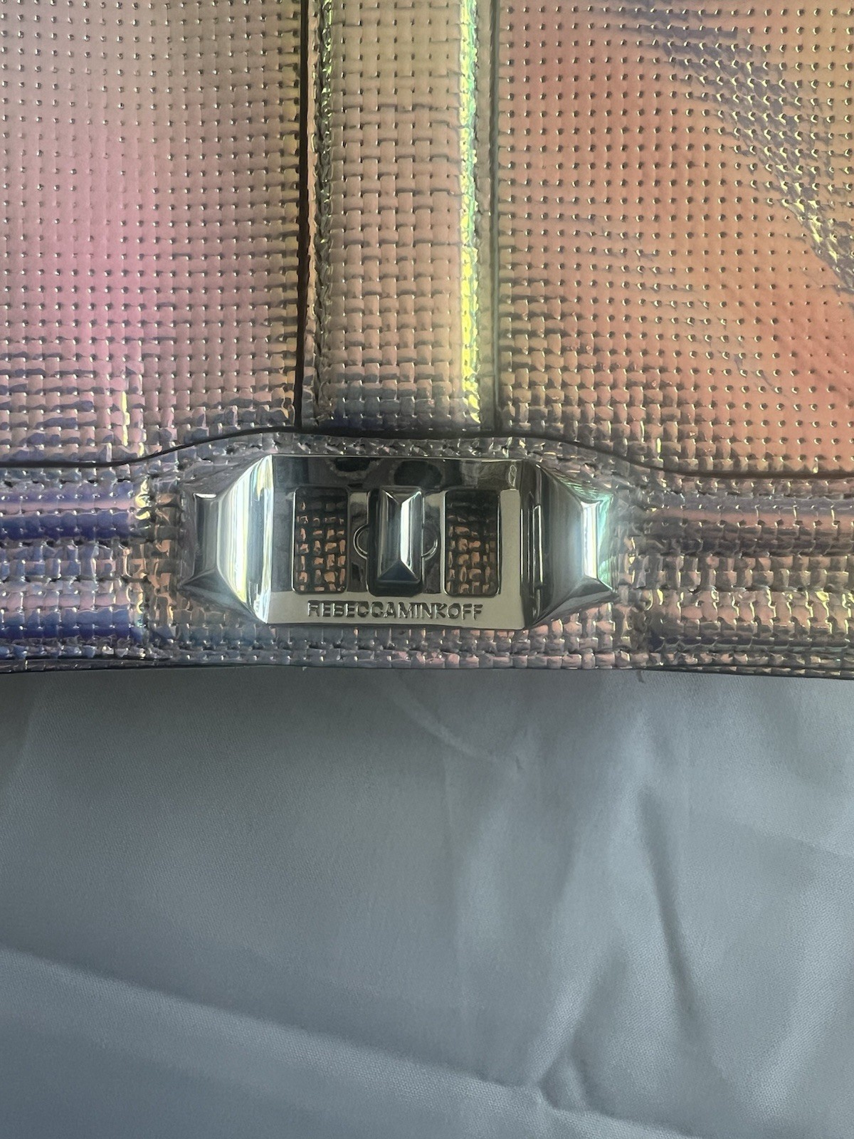 Rebecca Minkoff Iridescent Silver Crossbody Bag Turn Lock Chain Strap Detach