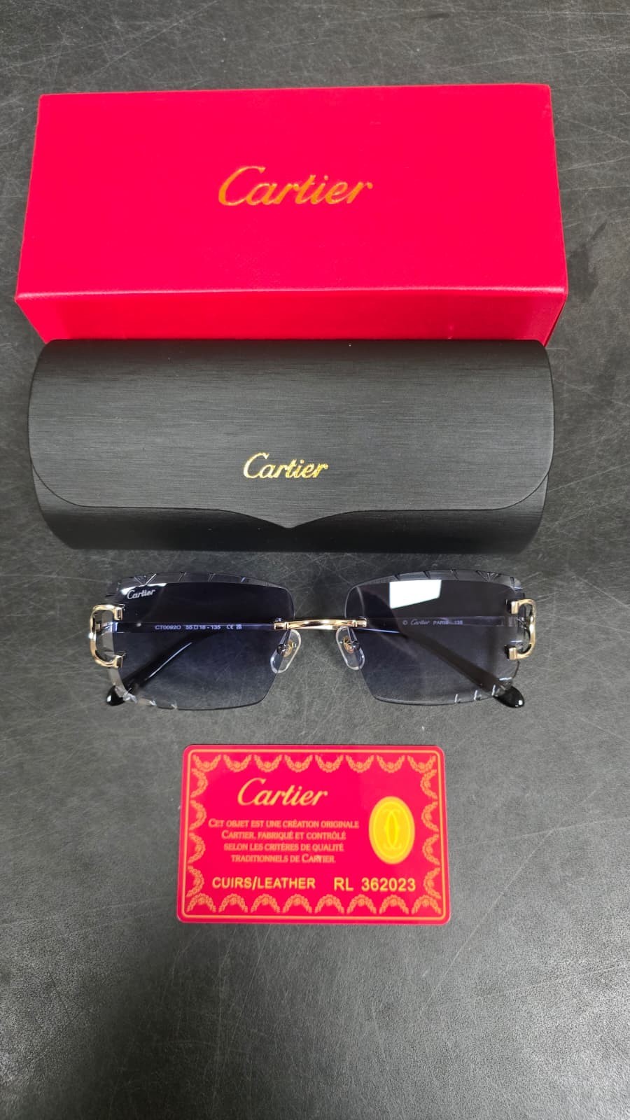 Cartier Big C Diamond Cut Red to Blue Fade Frameless Lens Gold Frame Big Box Ed.