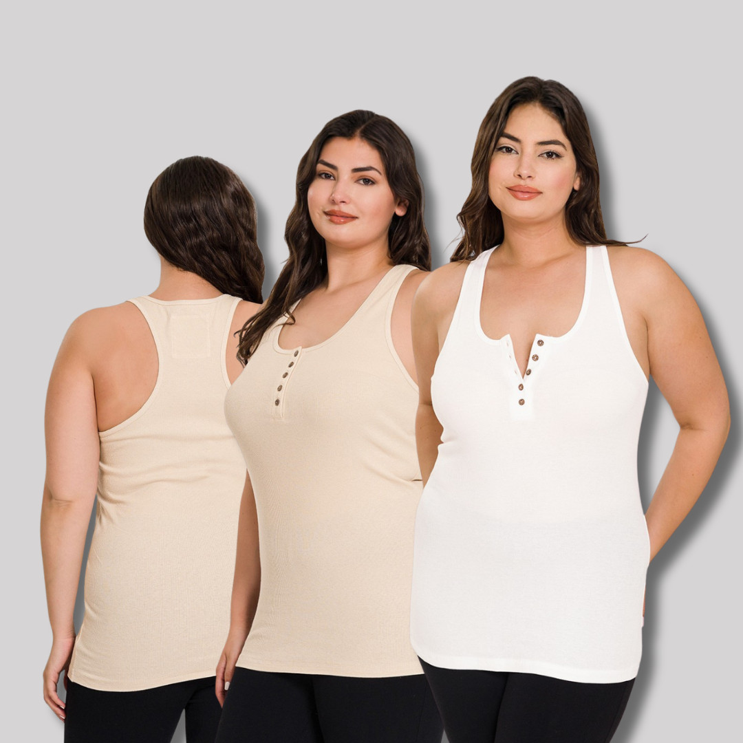 Zenana Ribbed Racerback Cotton Tank Top Button Closure Round Neck S-XL 1X 2X 3X