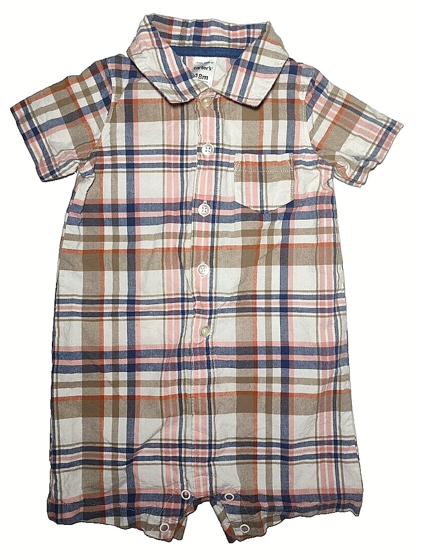 Carter’s Collared Outfit Lot 18 Mos Stripe Plaid Beige White Blue Cotton Romper