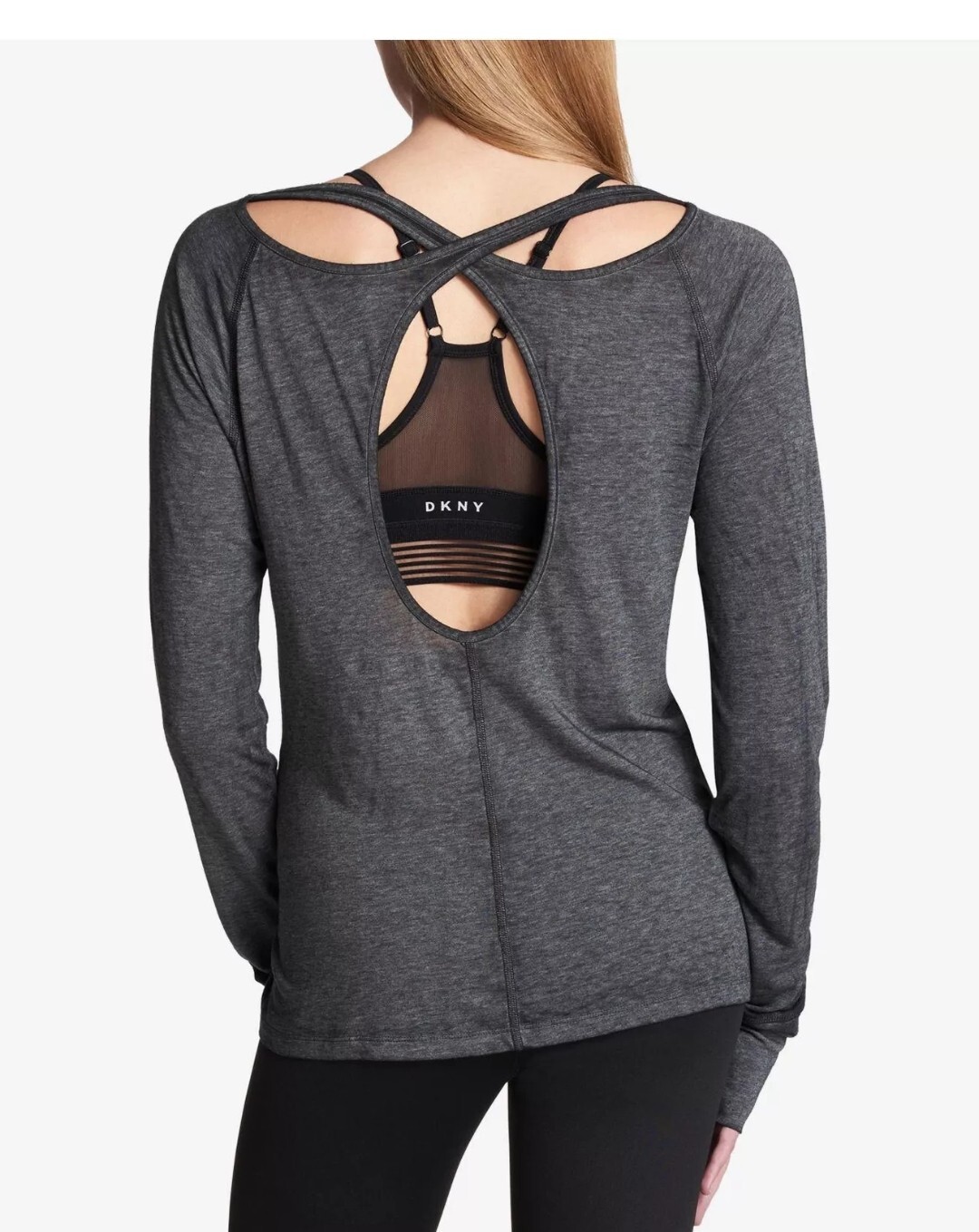 DKNY Women’s Sports Cutout Thumbhole Long Sleeve Metallic Logo Top Size XS NWT