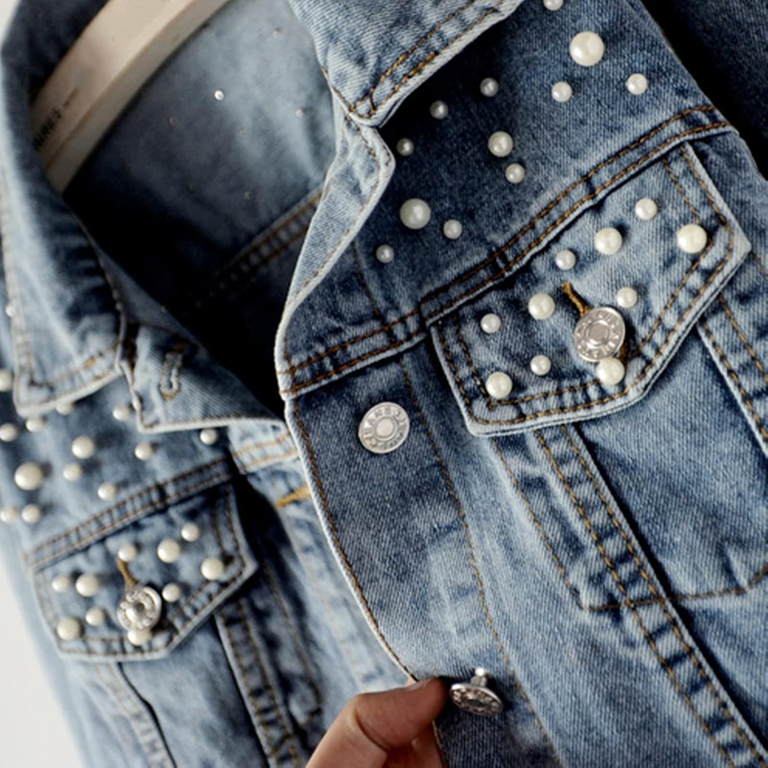 Oversize Pearl Embroidered Ripped Distressed Women Denim Jacket Casual Long Slee