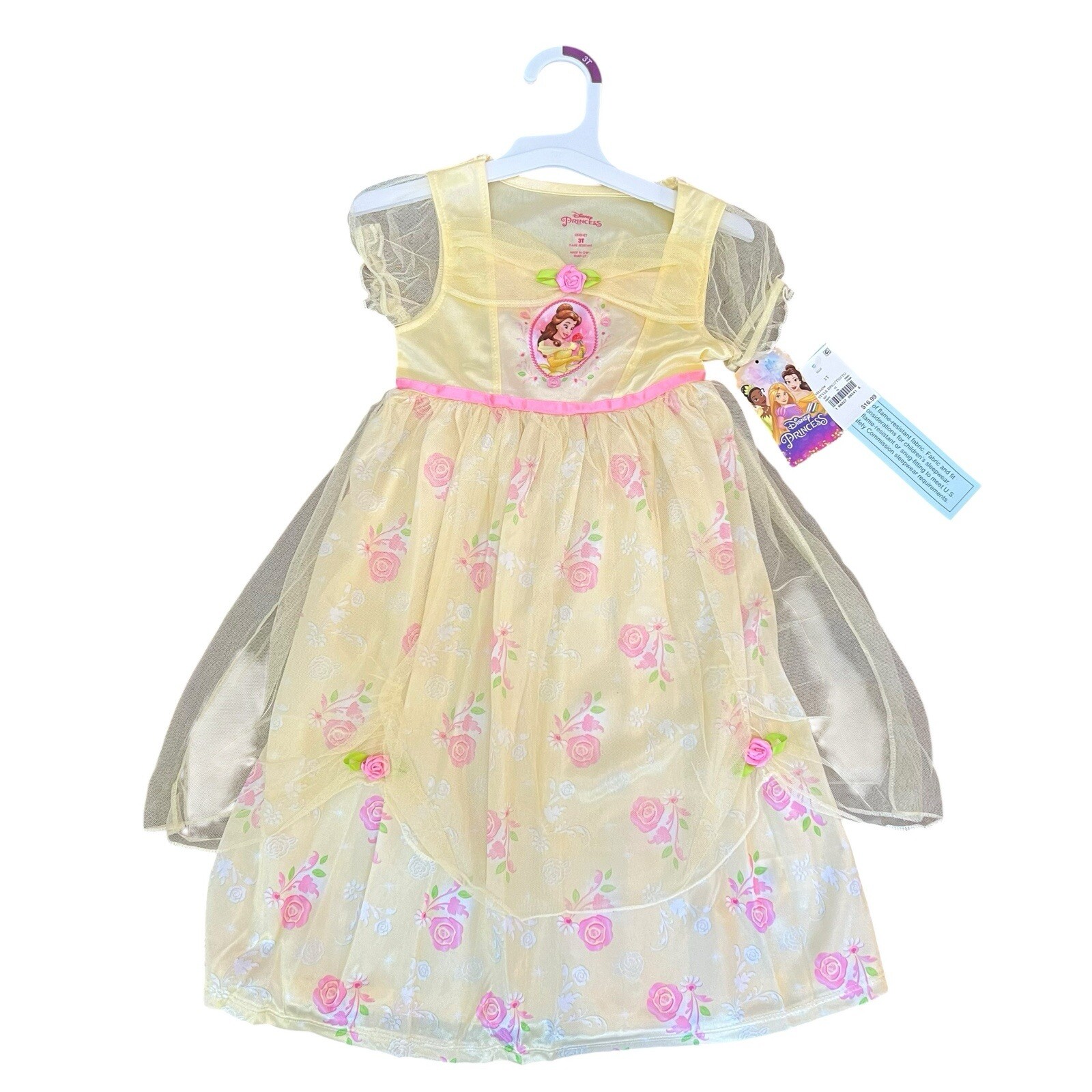 Disney Princess Belle Fancy Nightgown Pink Roses Halloween Costume Size 3T NEW