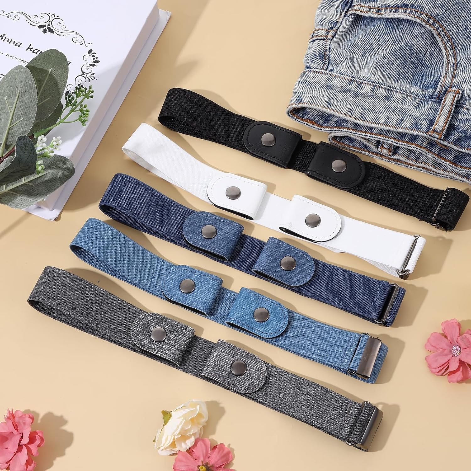 5Pcs No Buckle Stretch Belt for Women and Men Elastic Waist Belt, Comfortable