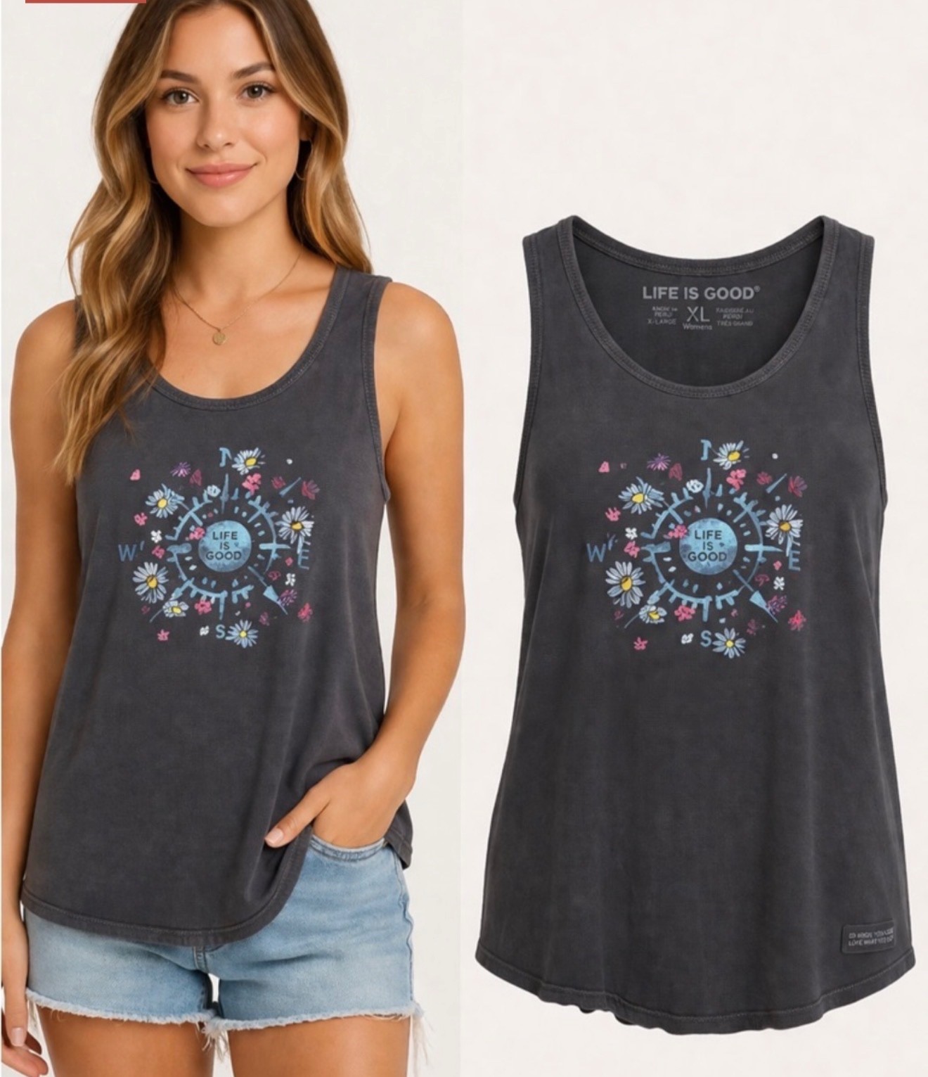 Life is Good SZ XL Charcoal Gray Crusher Compass Flowery Tank Tee Shirtless