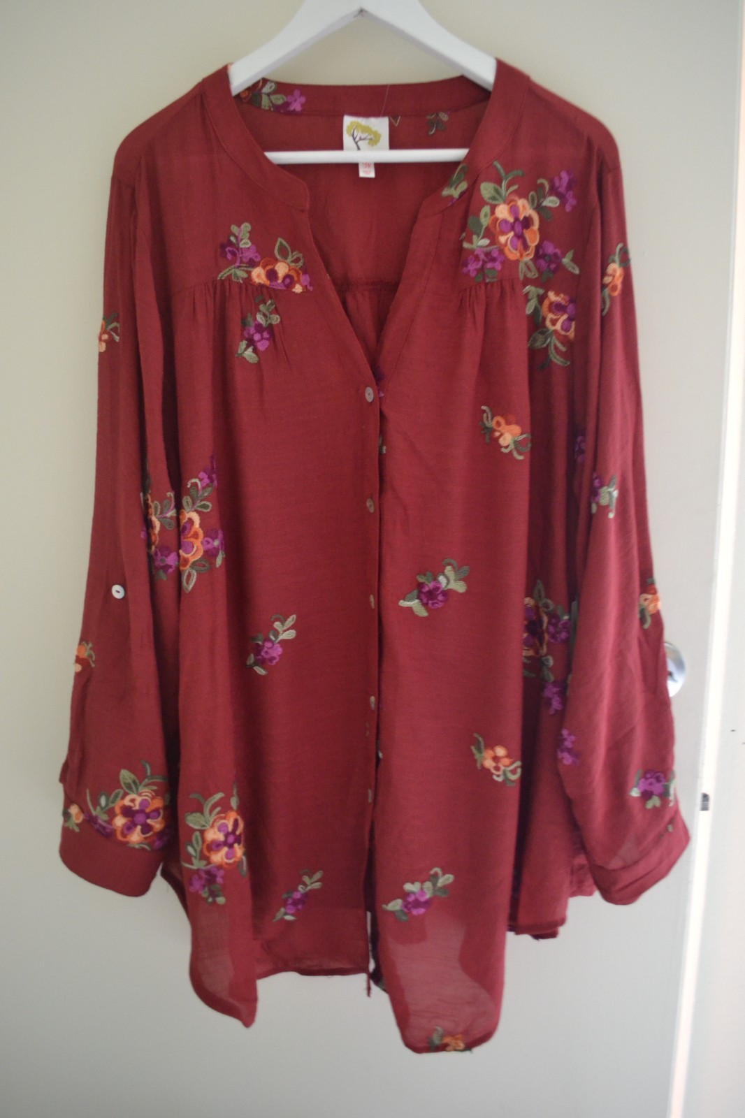 NWT Fig and Flower Blouse Top Shirt Silky Burgundy Rayon Blend Plus Size 2X