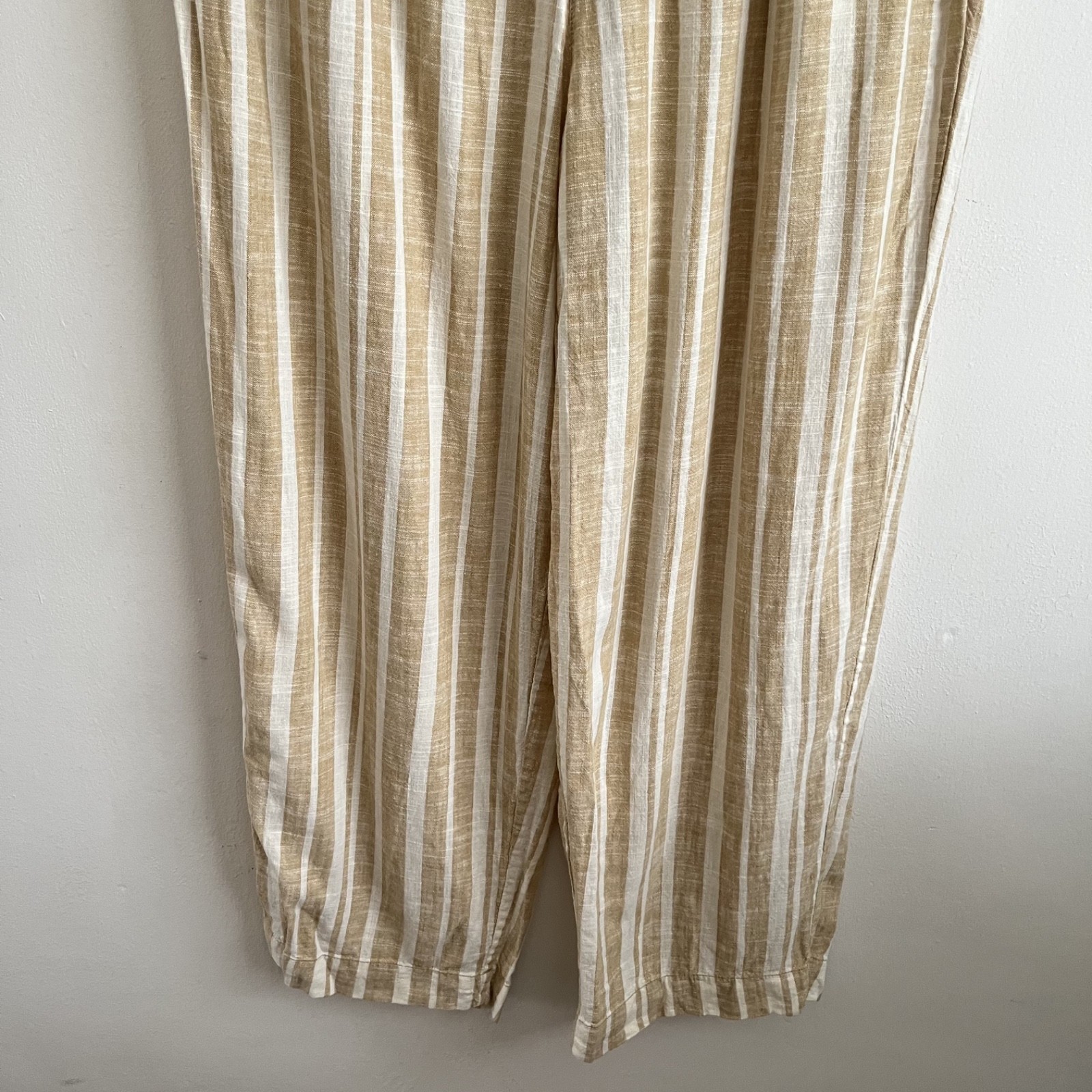 Fat Face Natural Tan Stripe Soft Linen Blend Wide Leg Trousers – Size UK 14 S