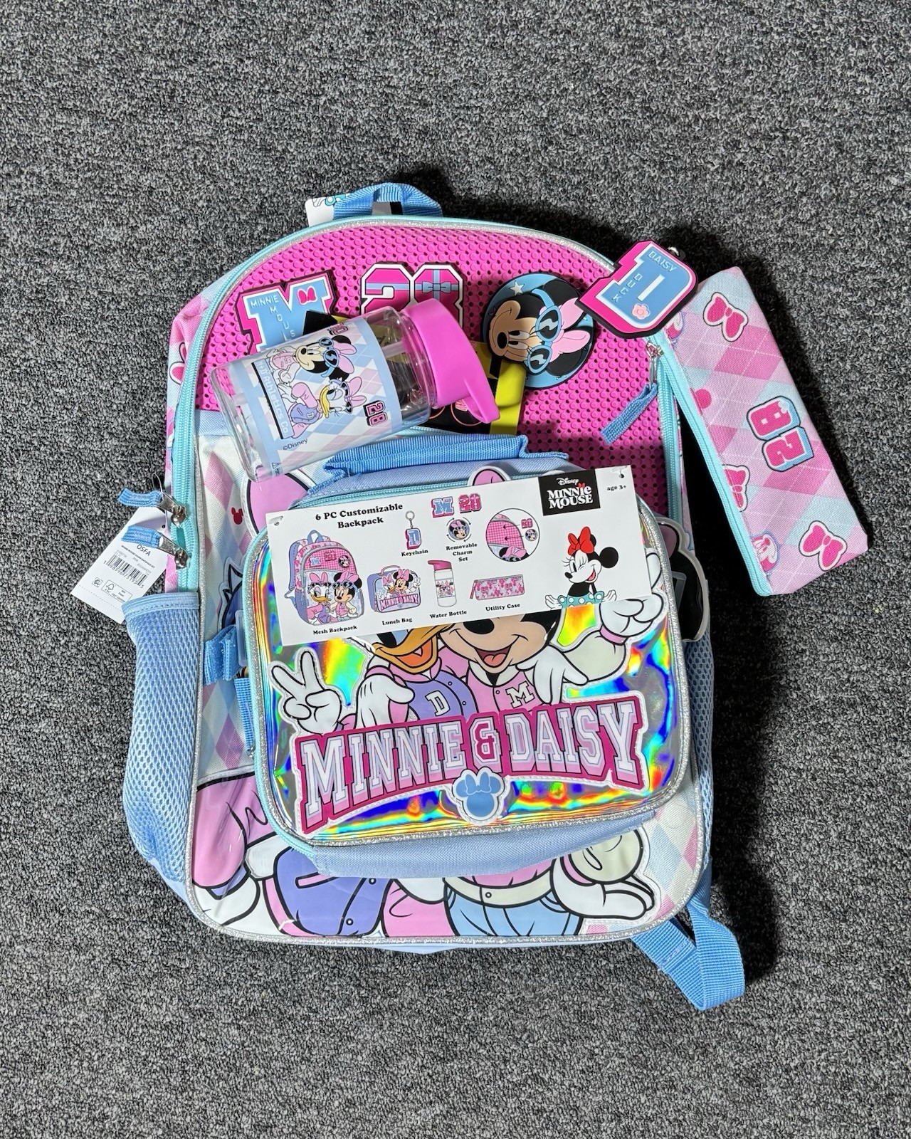 Disney Minnie Mouse Daisy Duck Girls Backpack Set Bolsa de almuerzo Botella 17in