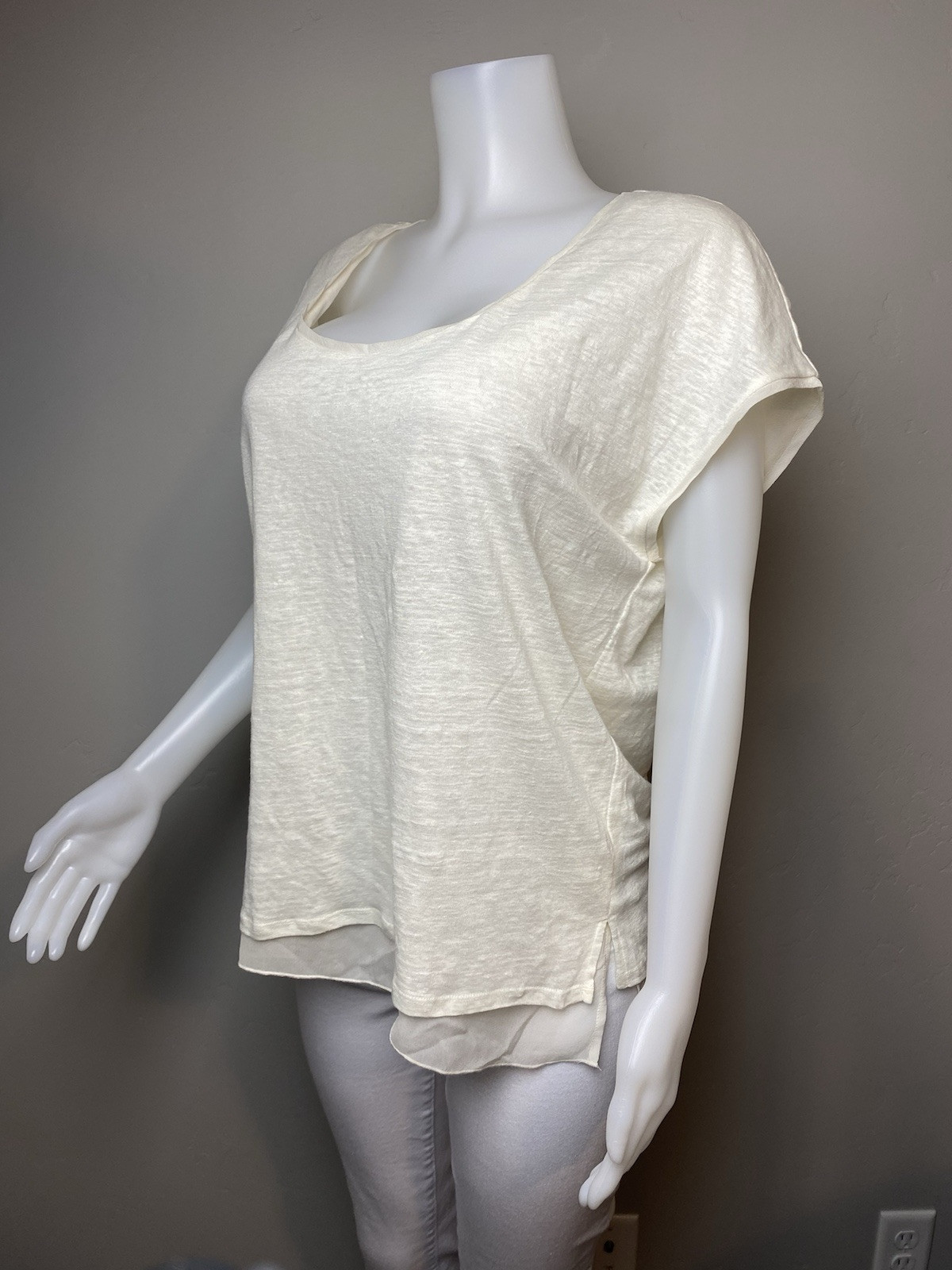 F. Vince Silk Top L Linen White Sand Blouse Cap Sleeve Round Neck NWT $175