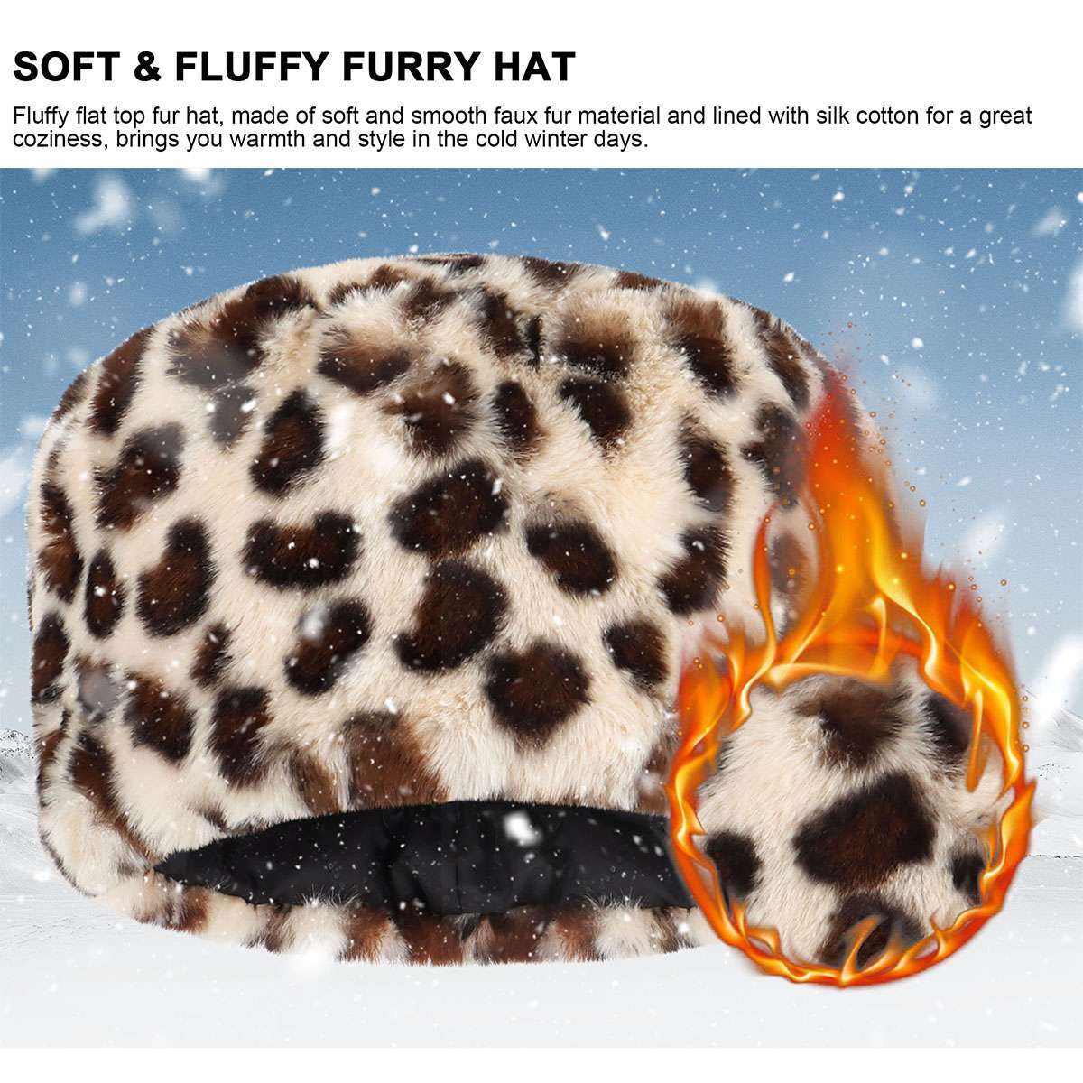 Ladies Winter Russian Faux Fur Cap Women Warm Thick Fluffy Plush Flat Top Hat US