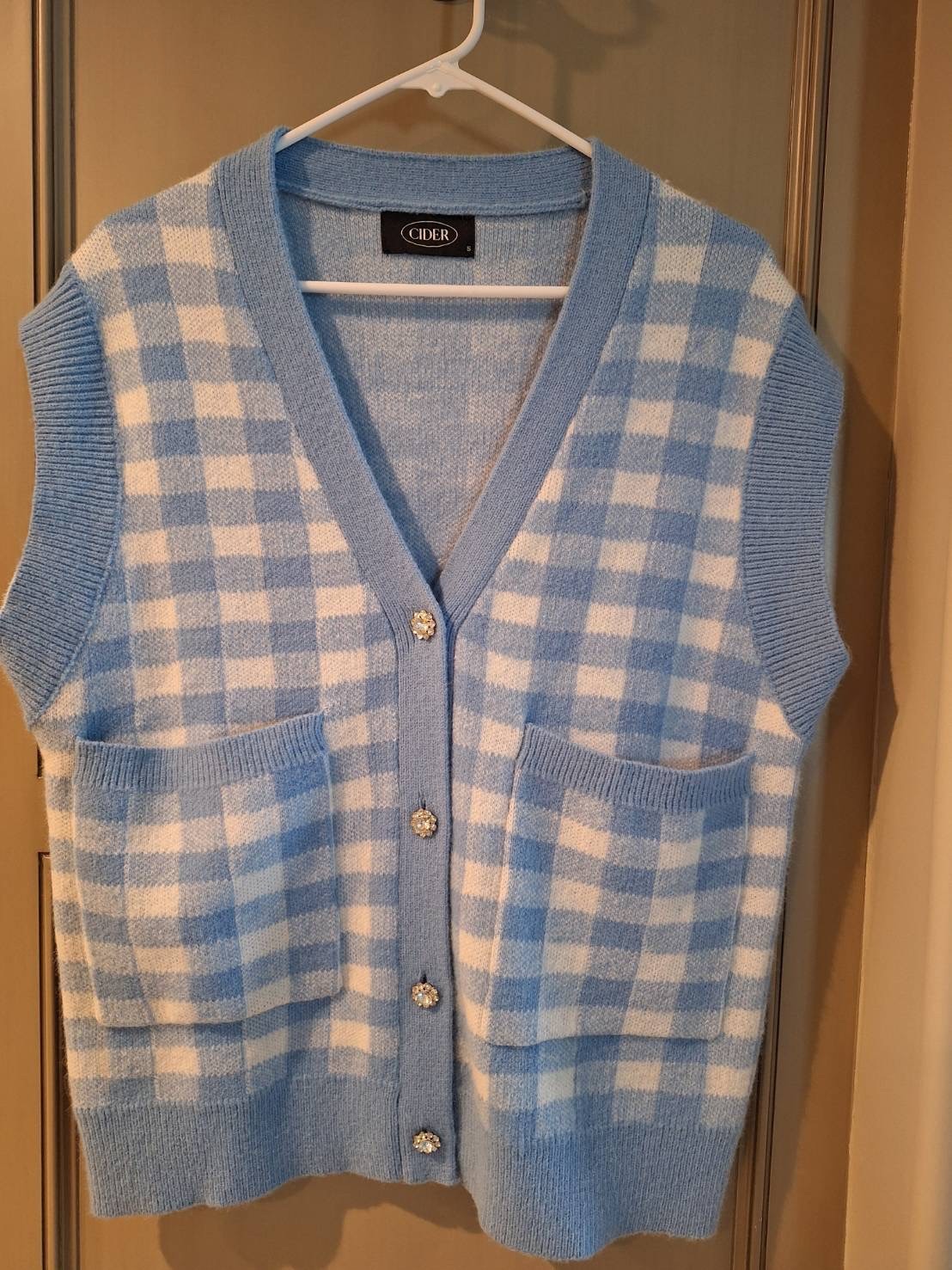 CIDER M Blue Knit Sweater Vest Rhinestone Buttons EUC