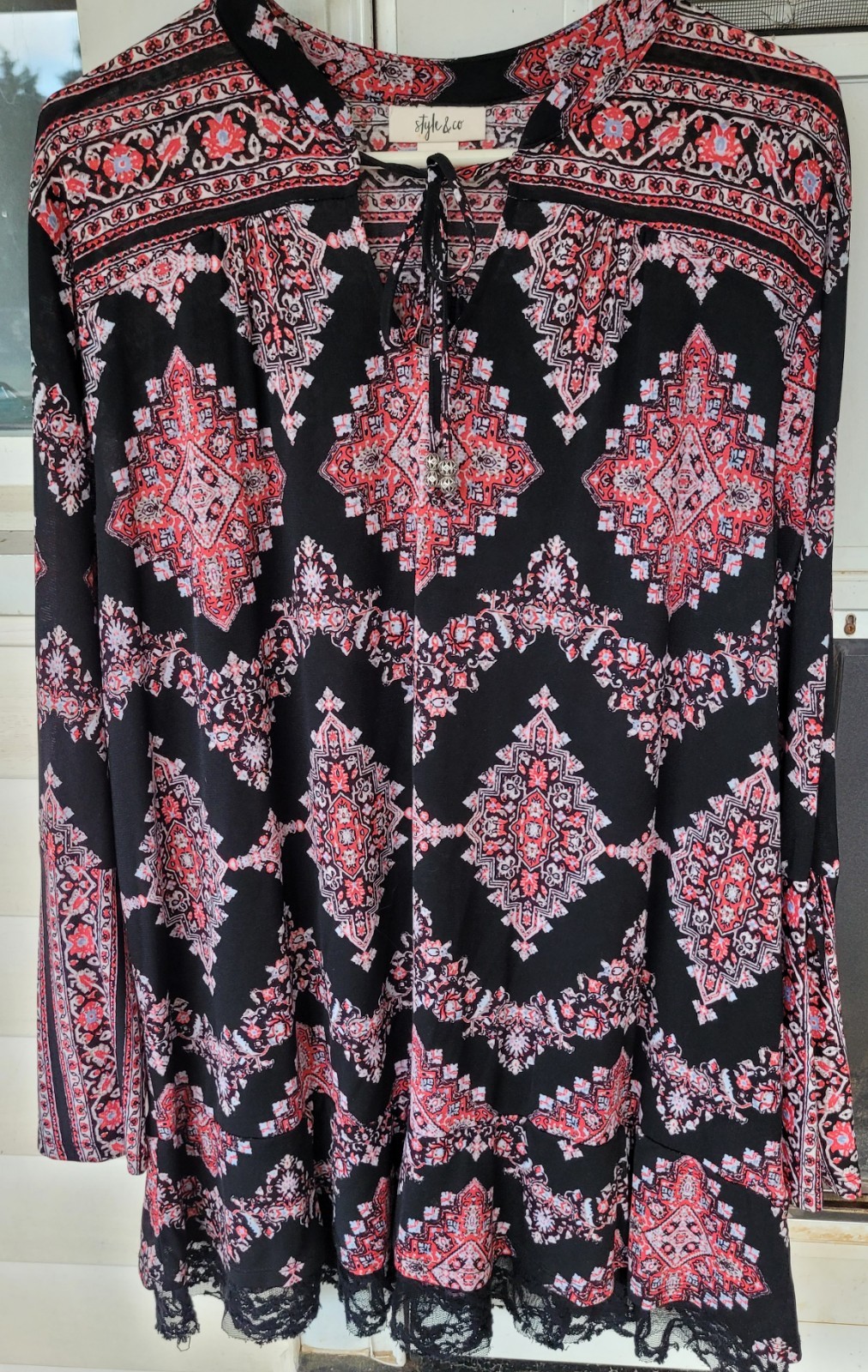 Women’s Style & Co Black Multicolored Lace Trim Stretch Top Blouse Size XL