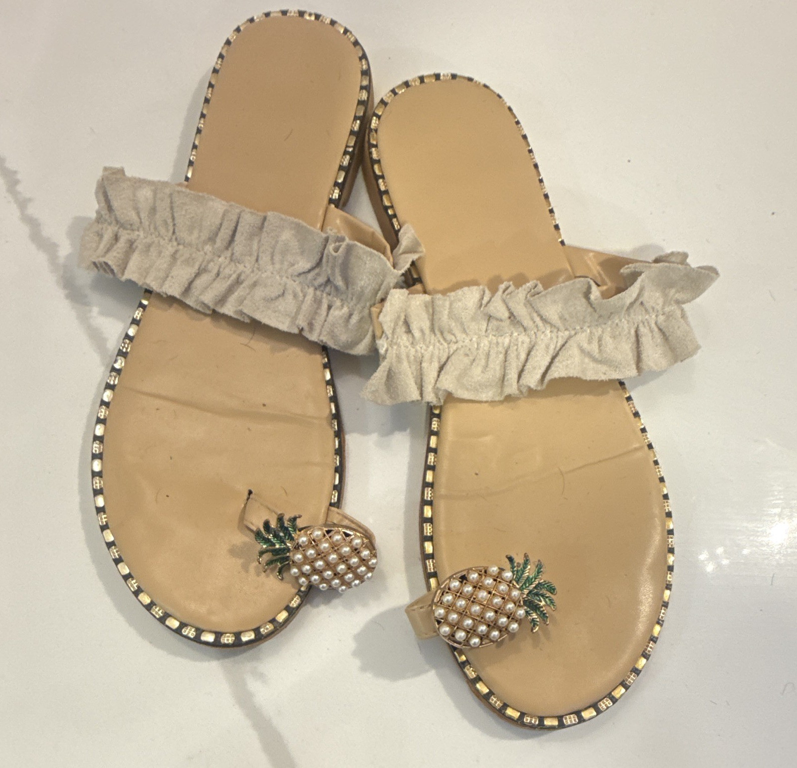 Women’s Slide Sandals Beige Synthetic Ruffle Beaded Pineapple Slip On US 8