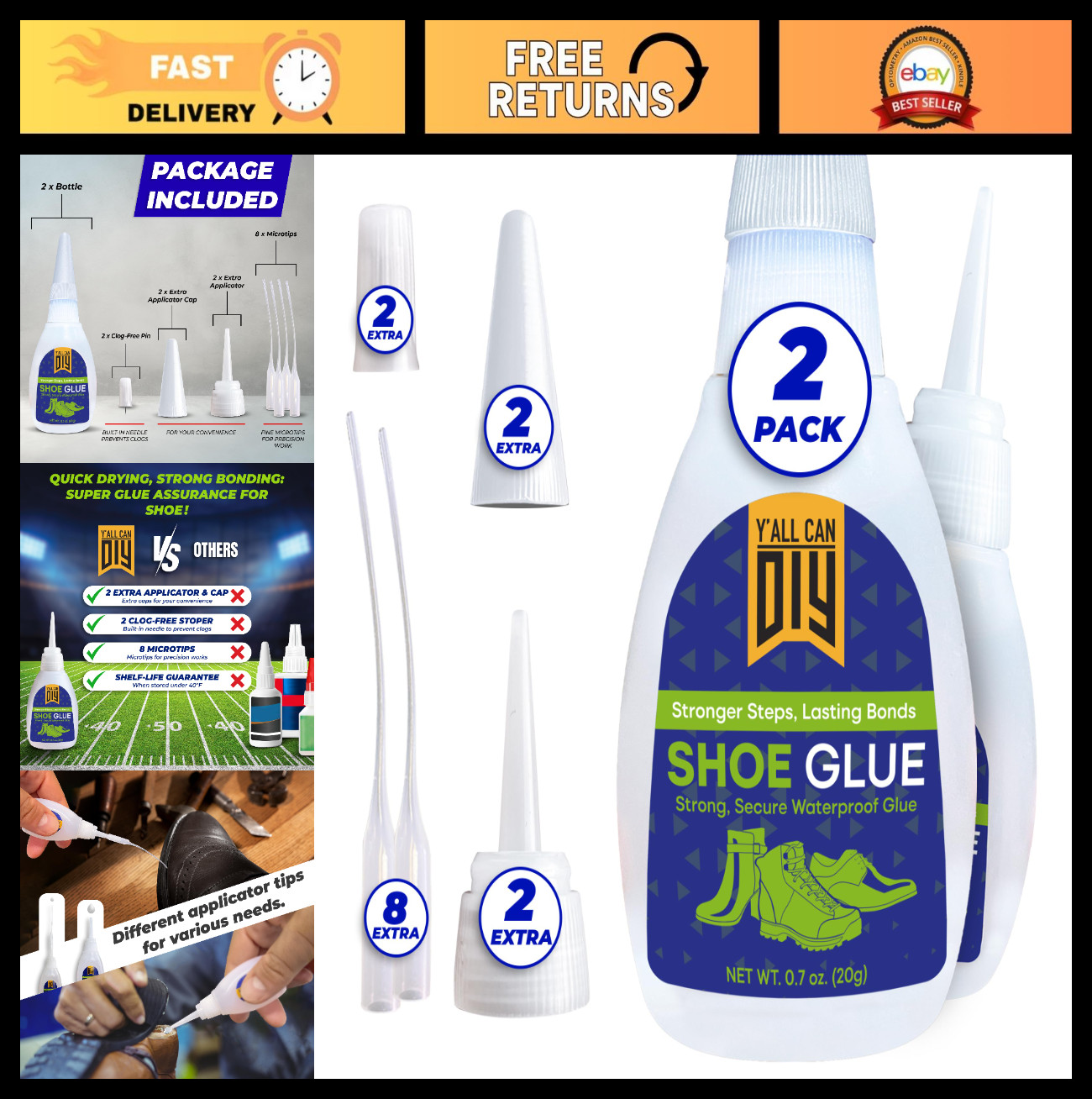 Heavy Duty Shoe Repair Glue – 2 Pack .7 Oz Waterproof Adhesive for Sole Fix