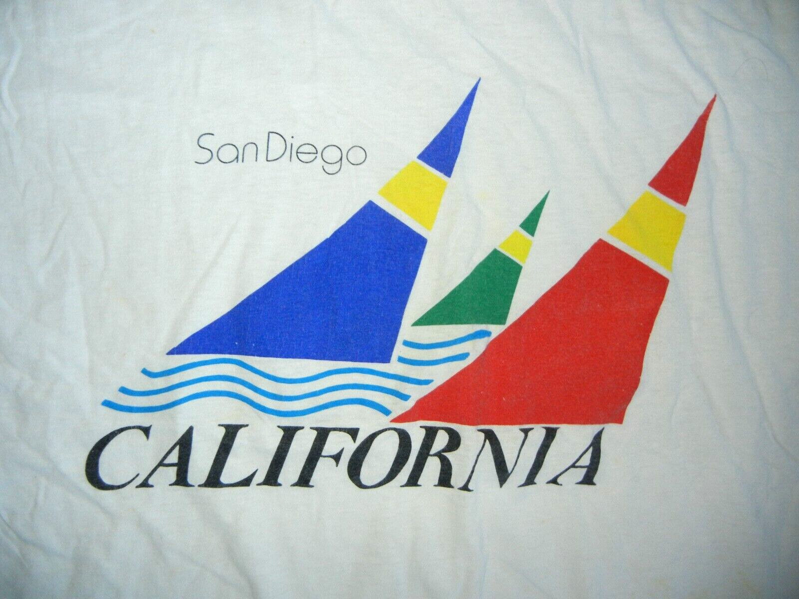 Vtg 90s SAN DIEGO CALIFORNIA White SAILING T-SHIRT Sail-Boat Surf Beach Men’s L
