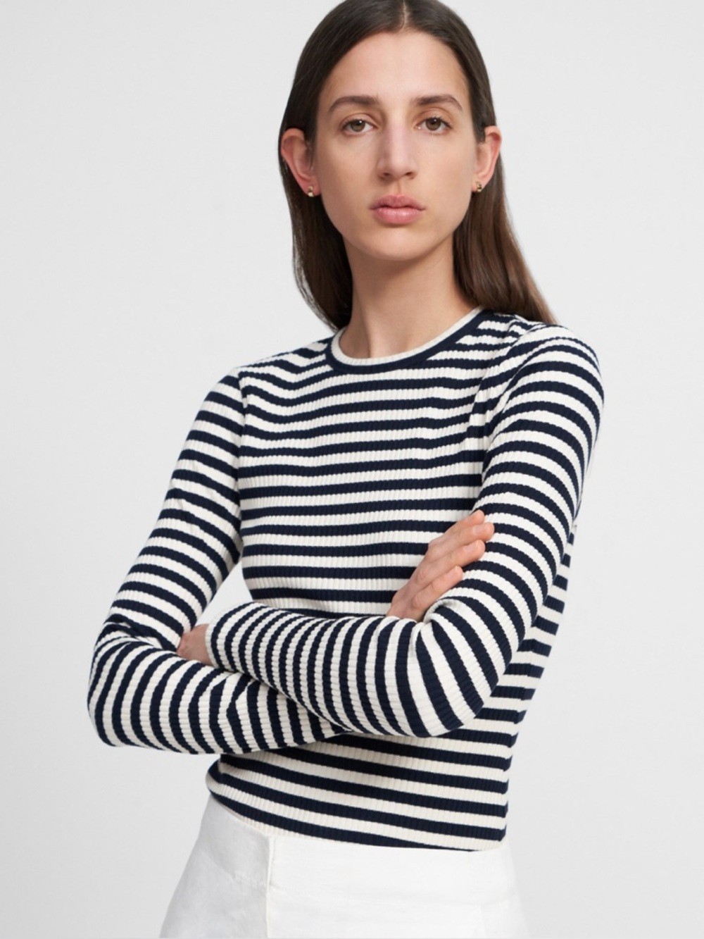Theory Tiny Striped Ribbed Knit Long Sleeve Tee Black White Women’s Large