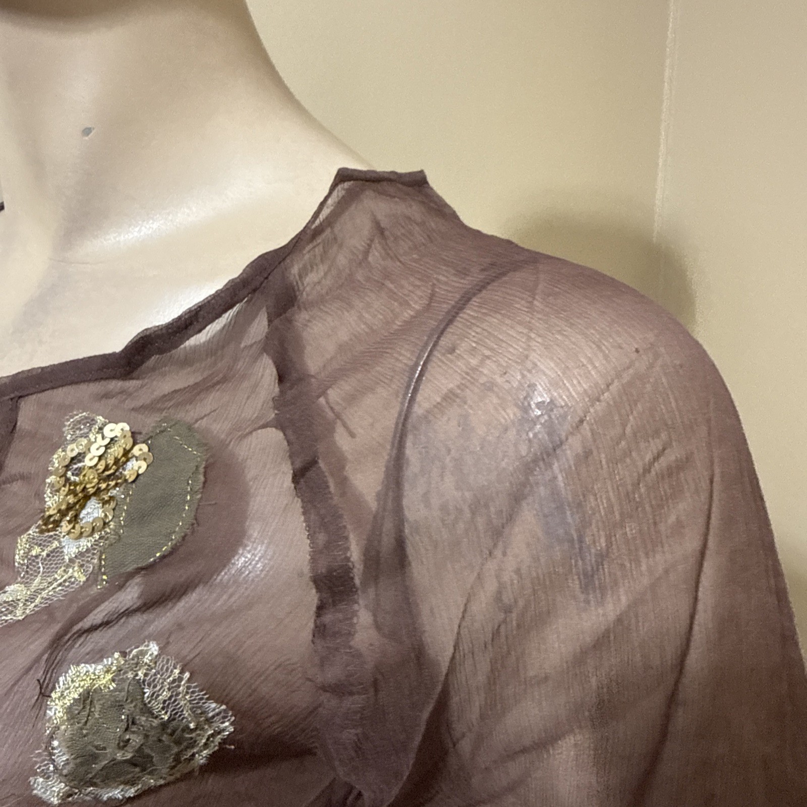 Women’s Brown Silk Casual Summer Sheer Beaded Embroidered Lace Size S Blouse Top