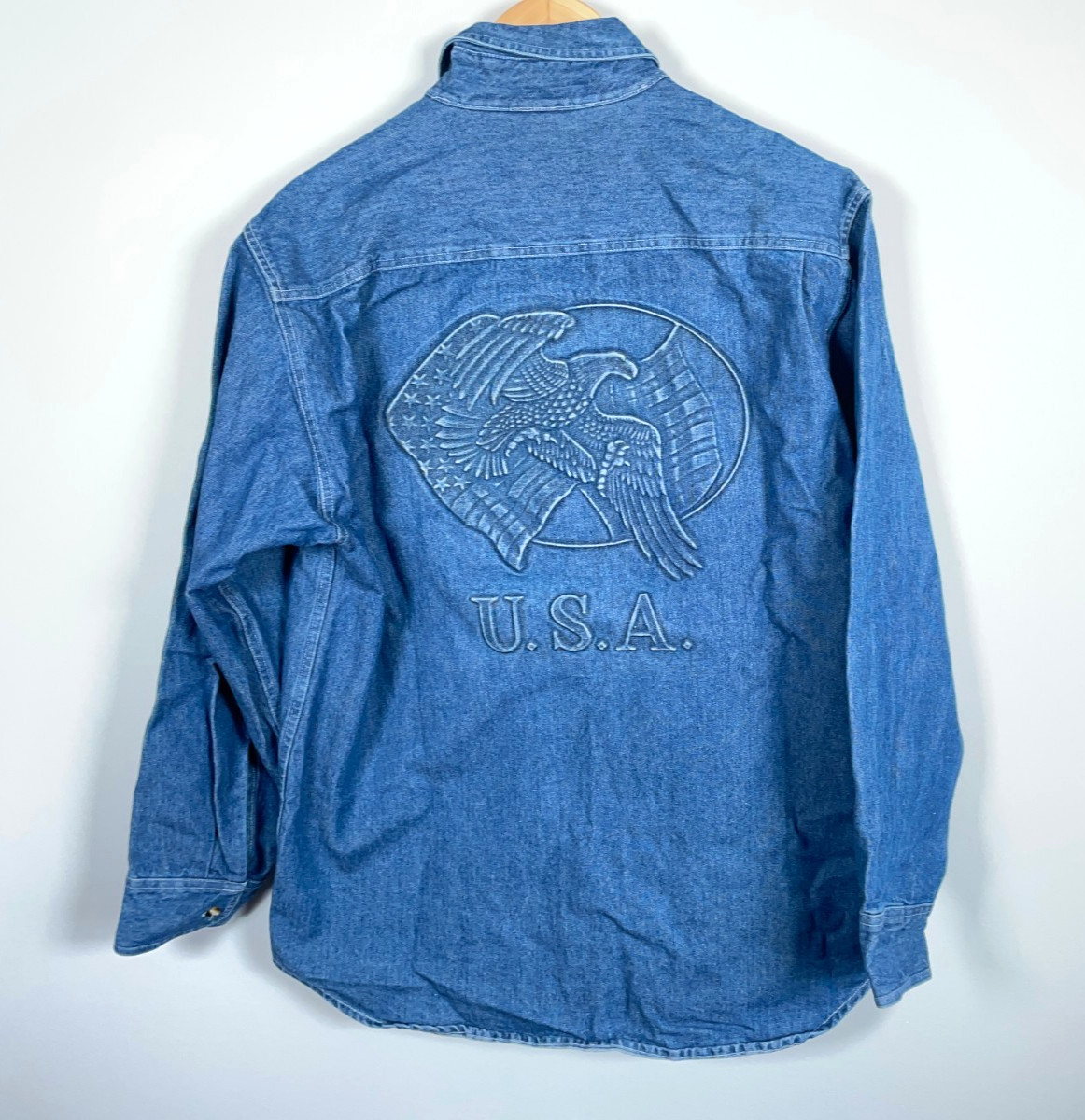 Heavyweight Embossed Denim Shirt Men’s Large Blue American Flag Eagle Union Made