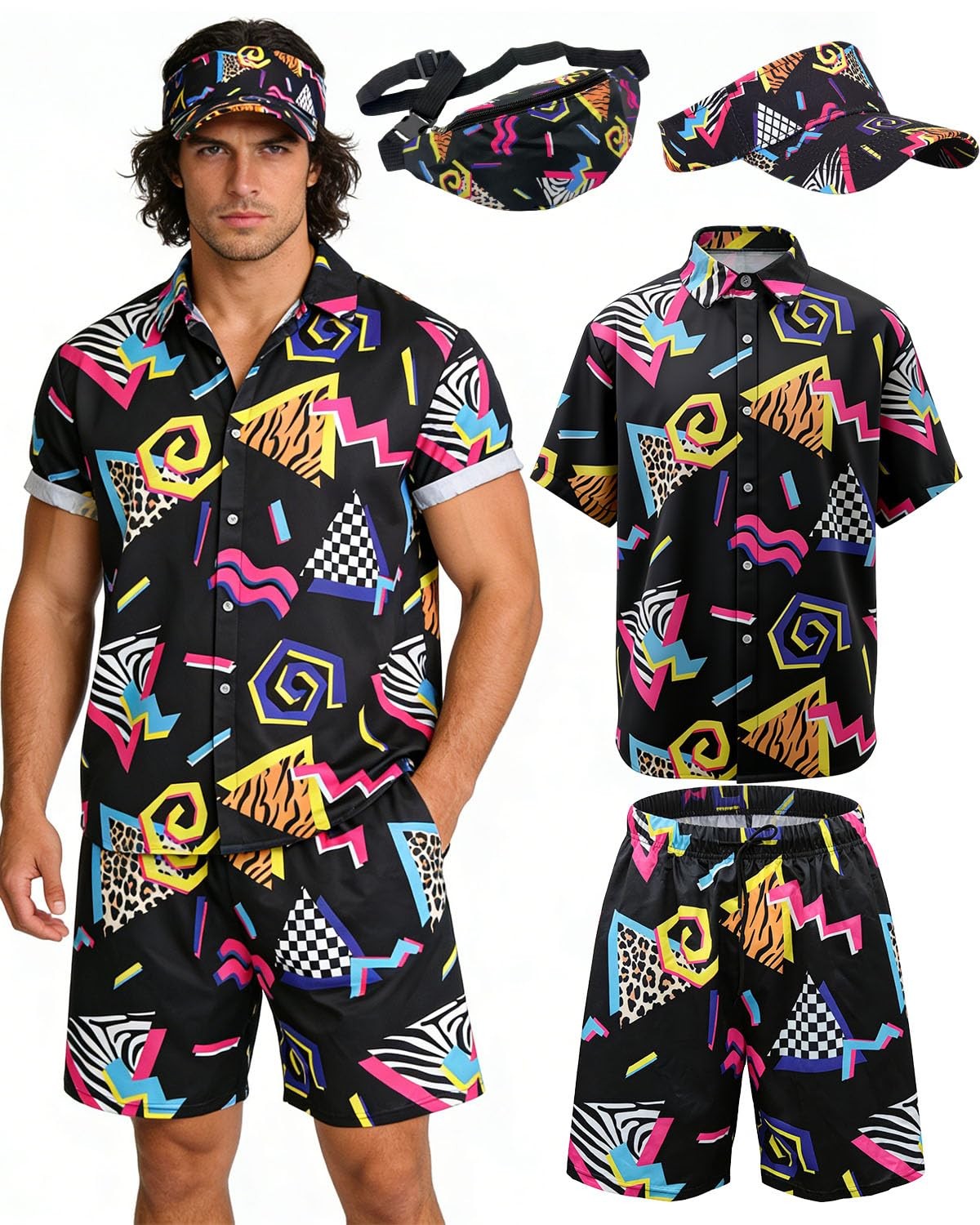 80s 90s Outfit For Men Retro Hawaiian Shirts Short Set Tracksuit Costume Visor