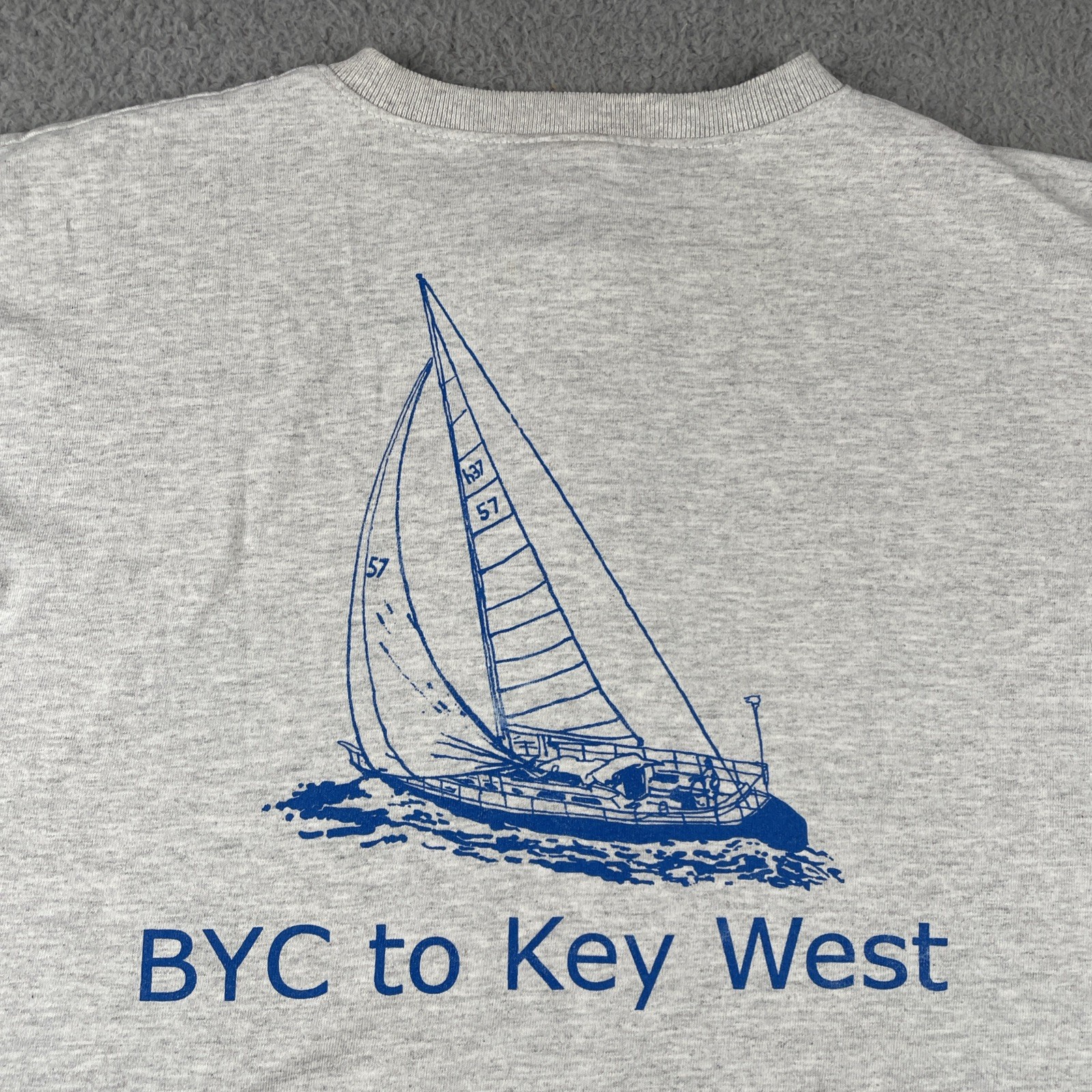 Vtg Anvil Adult Large Gray Henley Shirt BYC To Key West Sail Boat 90s Y2K Tee