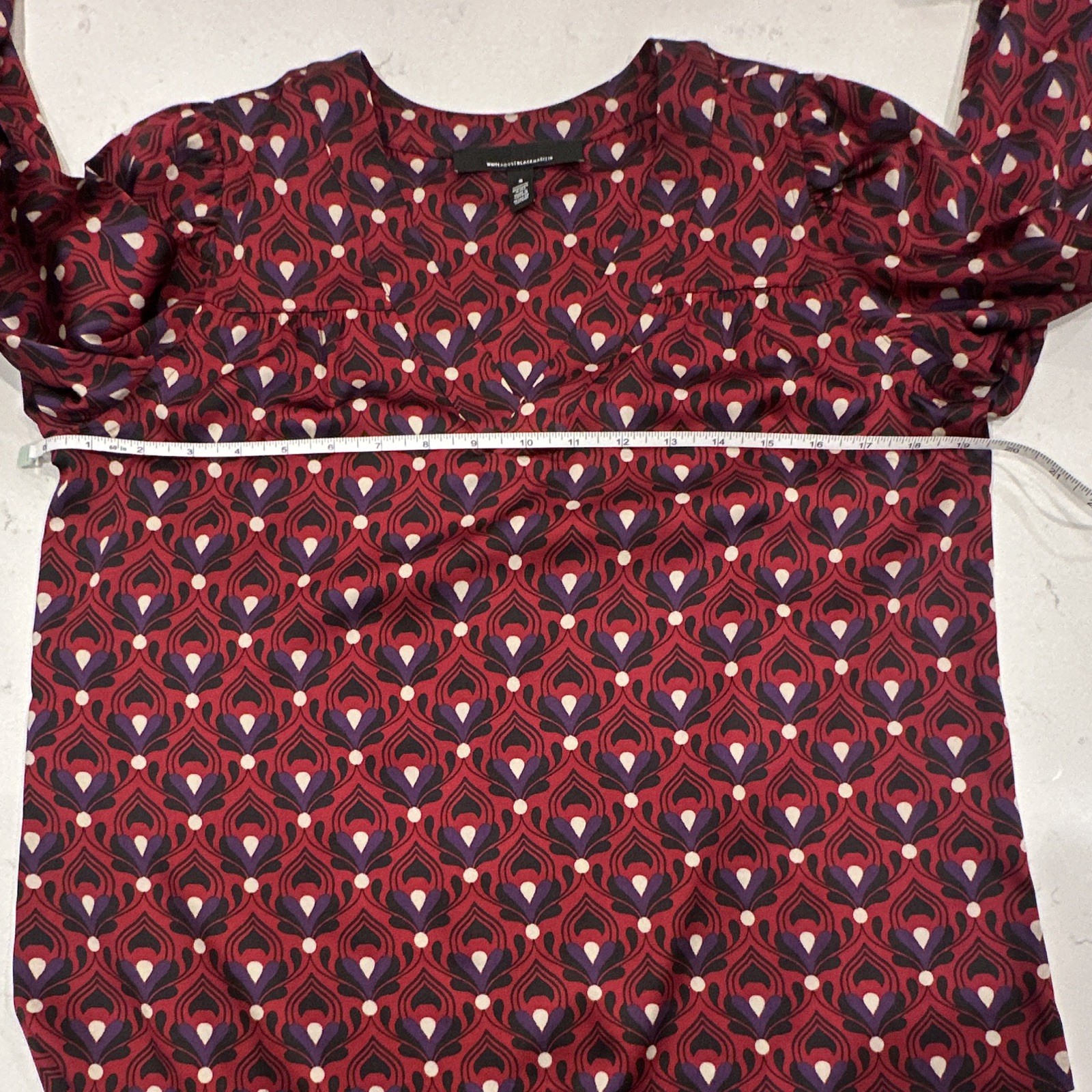 White House Black Market Women’s S Geometric Round Neck Puff Sleeve Blouse