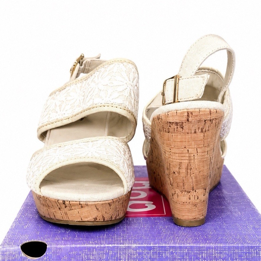 POP Eugena Natural Lace Cork Wedge Sandals Women’s Size 11M Open Toe Slingback