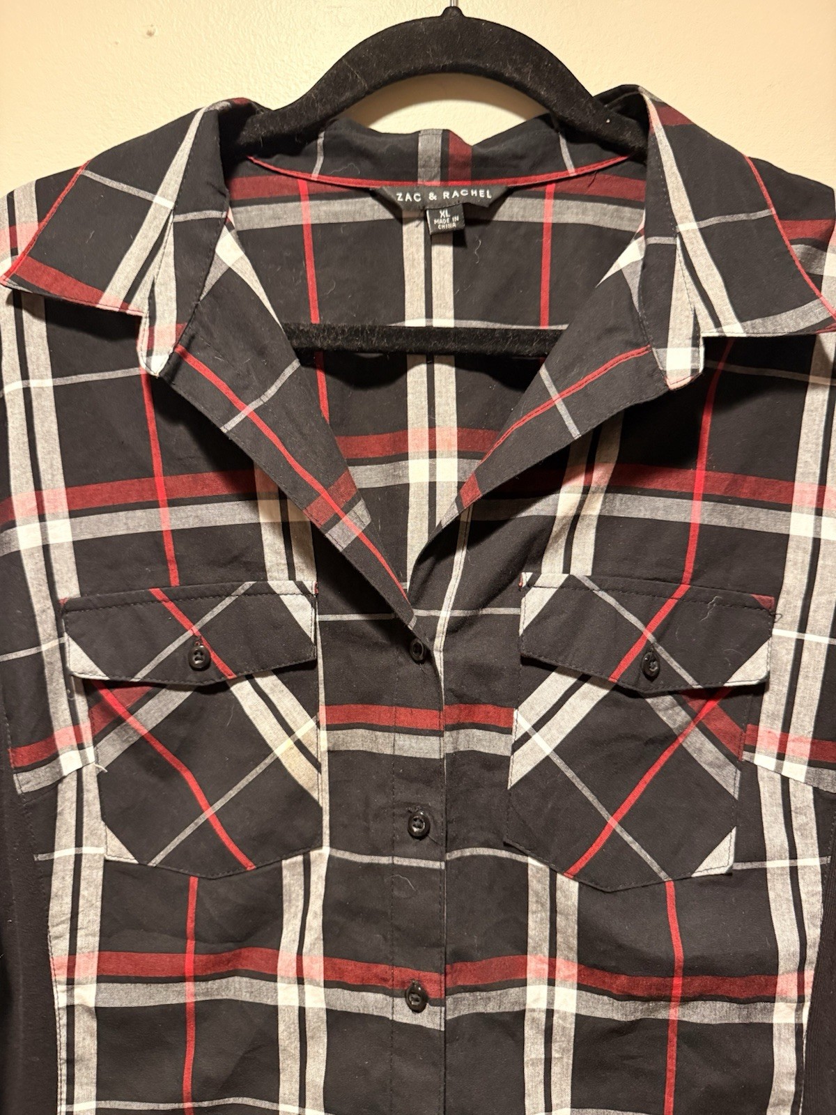 Women’s Button-Up Black Red/White Plaid Shirt 3/4 Length Sleeve Knit Sides XL