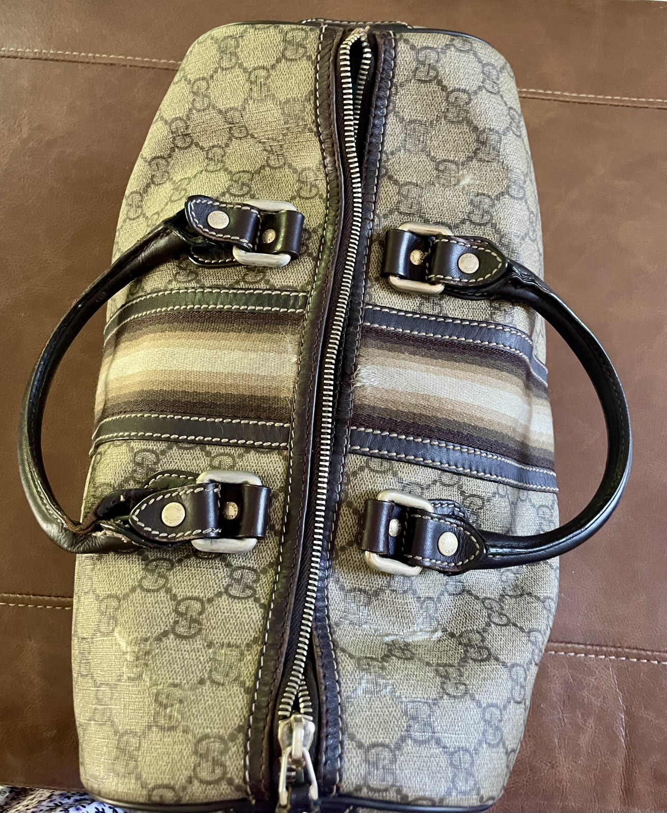 GUCCI authentic Boston Monogram Beige Canvas Leather large Boston satchel