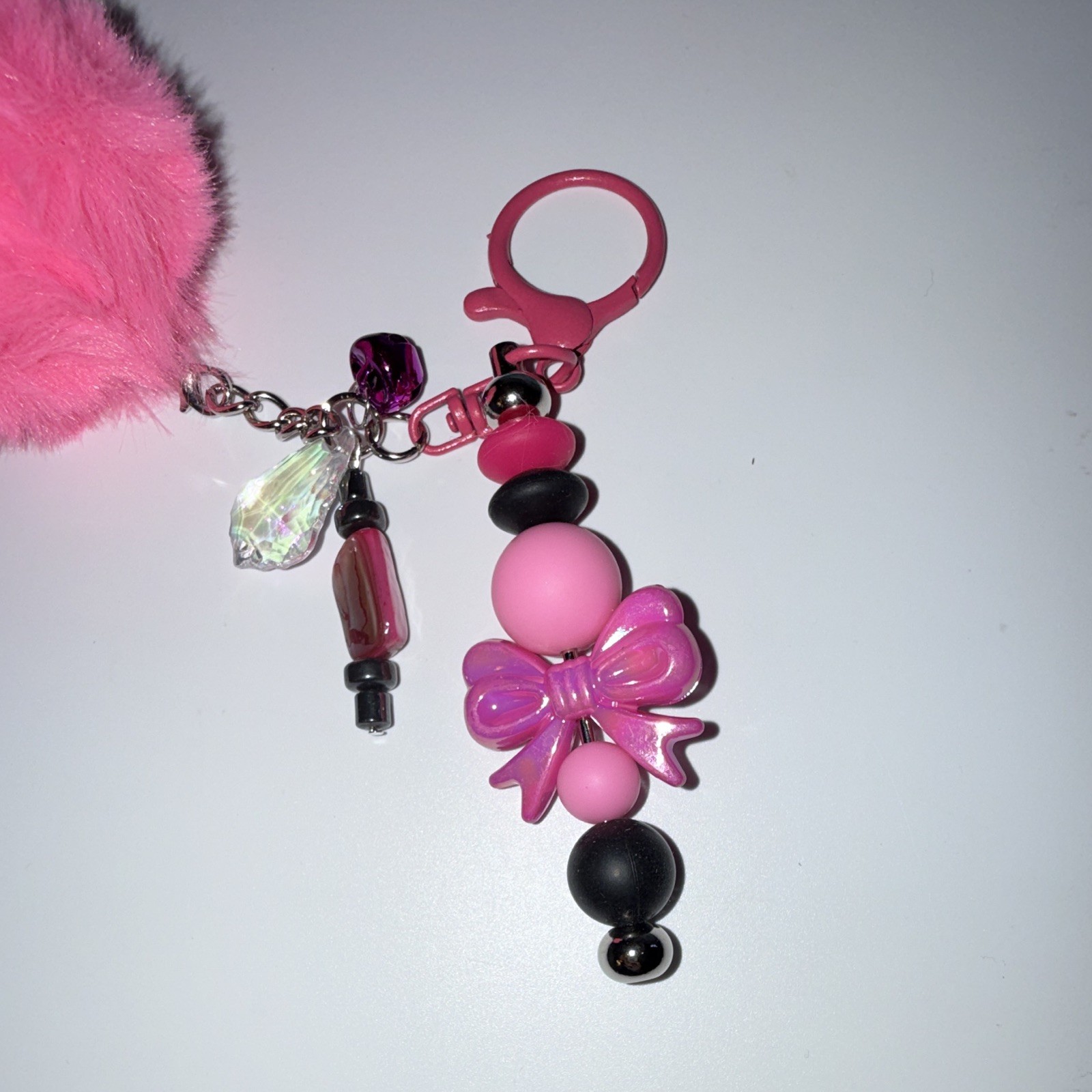 Pink Beaded Bow & Pom Pom Key Chain/Bag Charm w/Detachable Clip Keyring