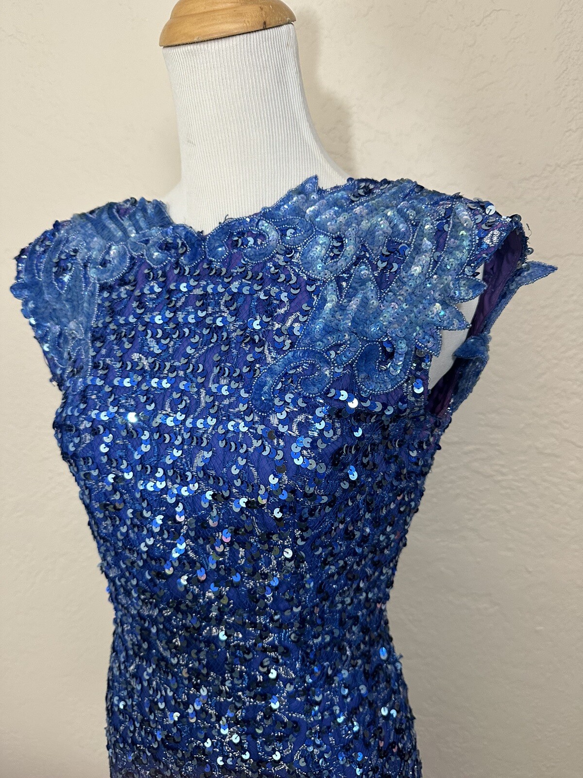 Vtg 70s Embellished Sequined Dress Party Cocktail Blue Full Length Prom Eras 10