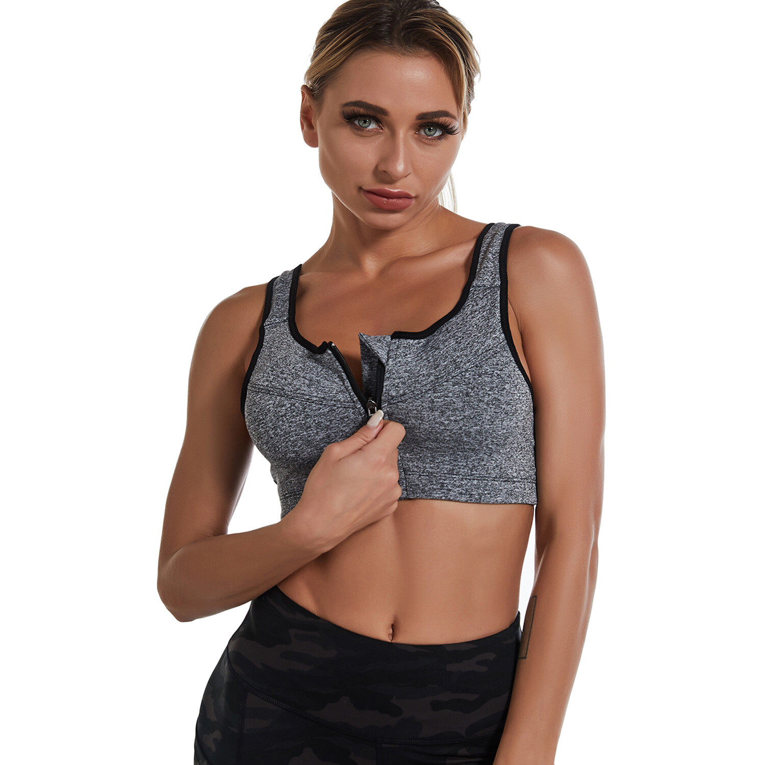 Women’s High Support Push Up Zip Front Close Padded Sports Bra Workout Plus Size