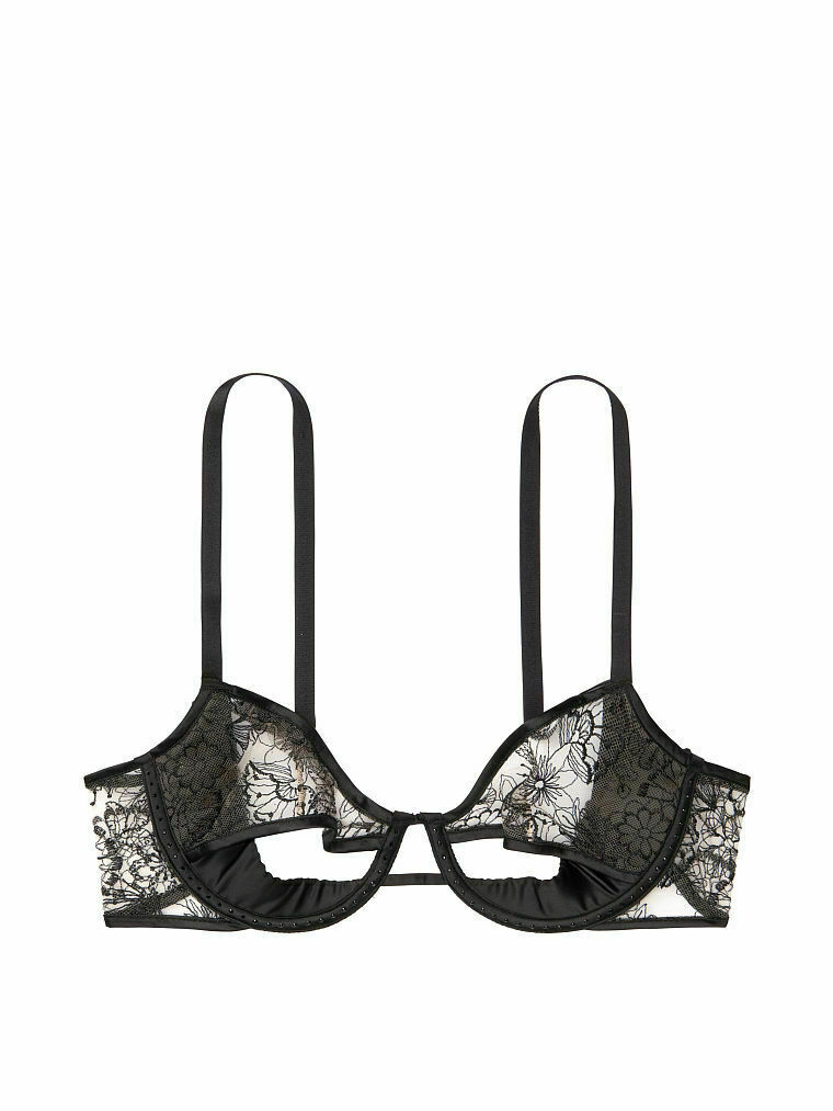 LUXE VICTORIA SECRET Floral Black Embroidered Peek A-Boo Push Up Bra Thong Set