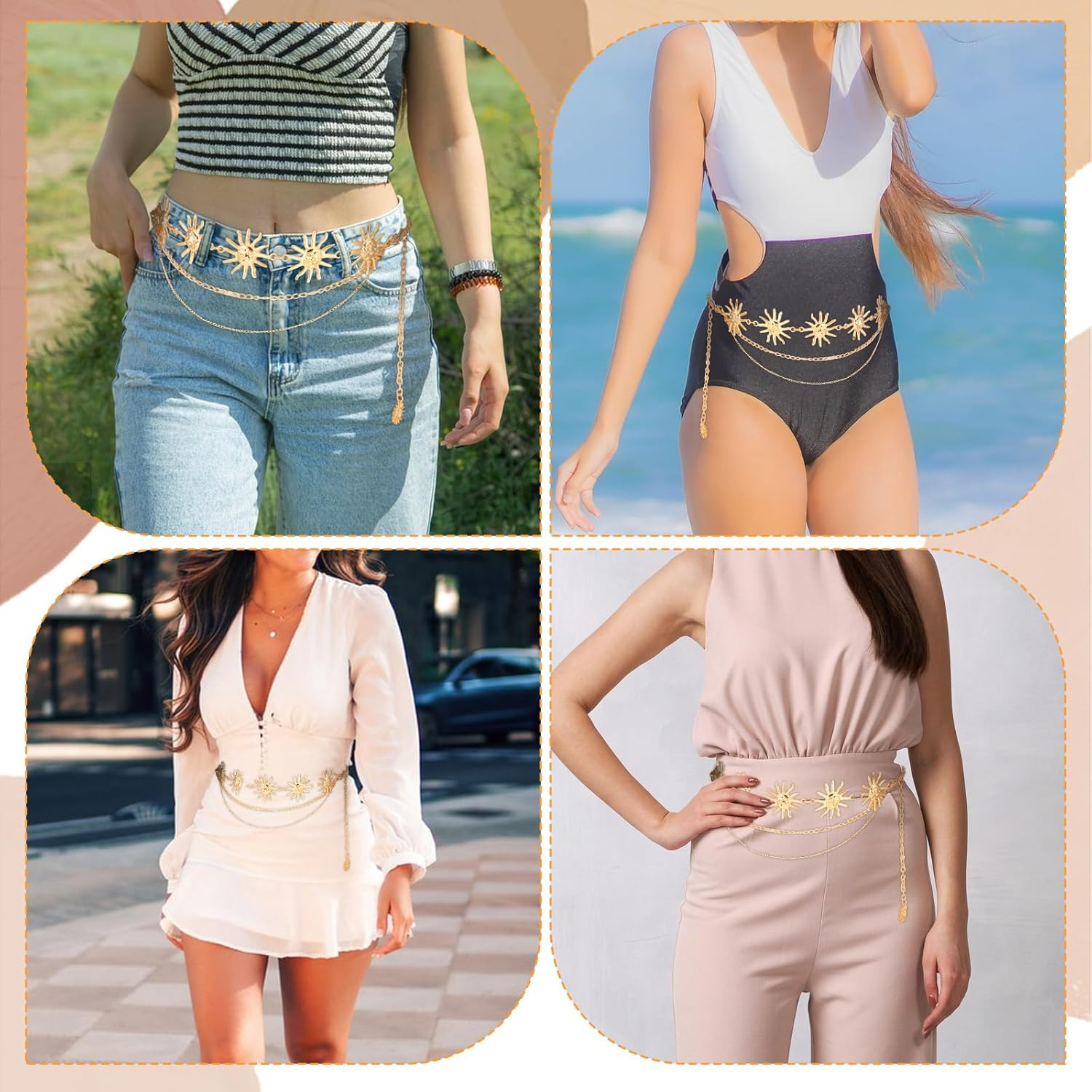 Women Waist Chain Belt Multilayer Metal Belt Gold Sun Adjustable Boho Waist Chai