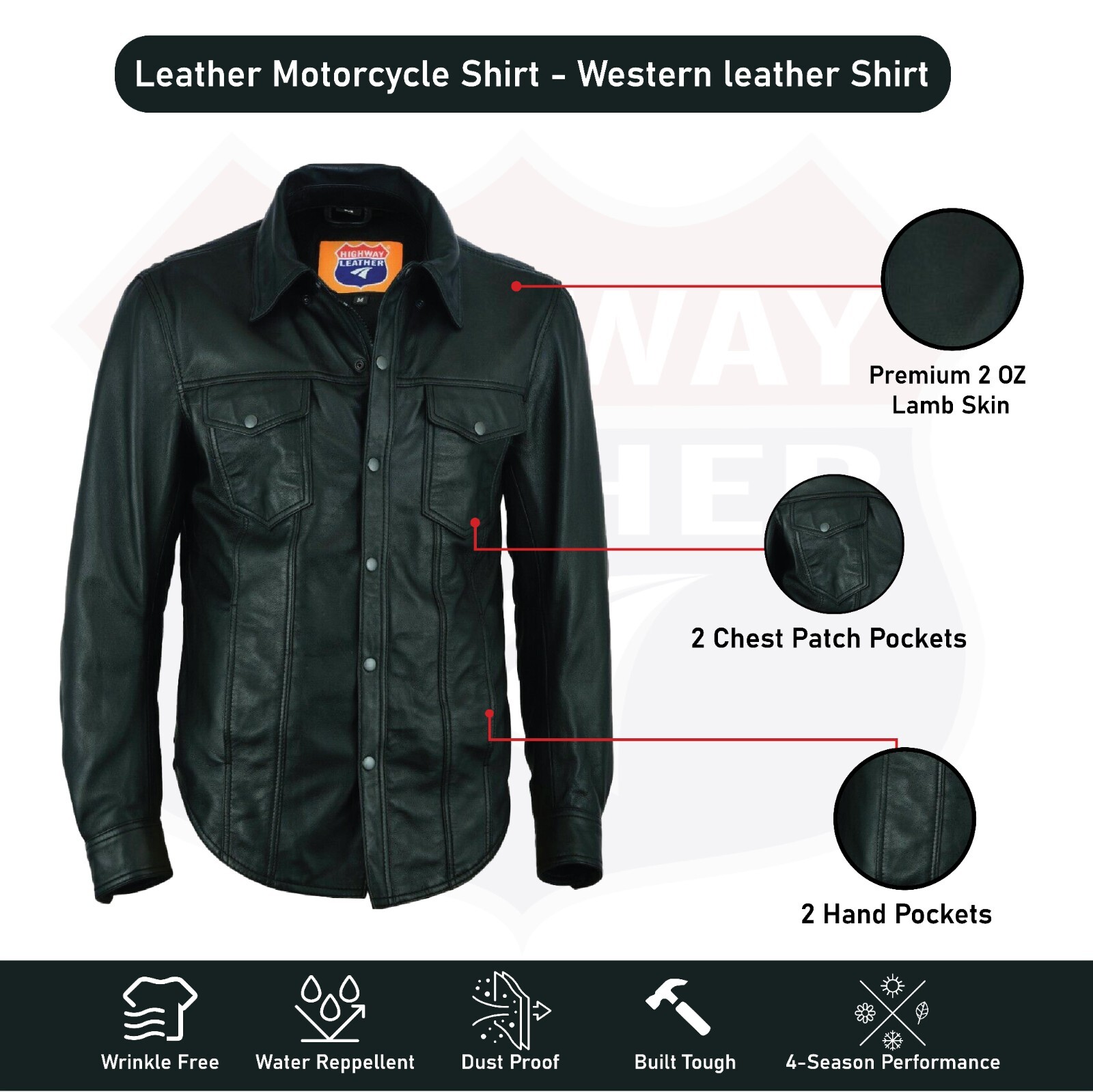 Leather Motorcycle Shirt – Western leather Shirt – Lightweight SKU#HL10403BLACK