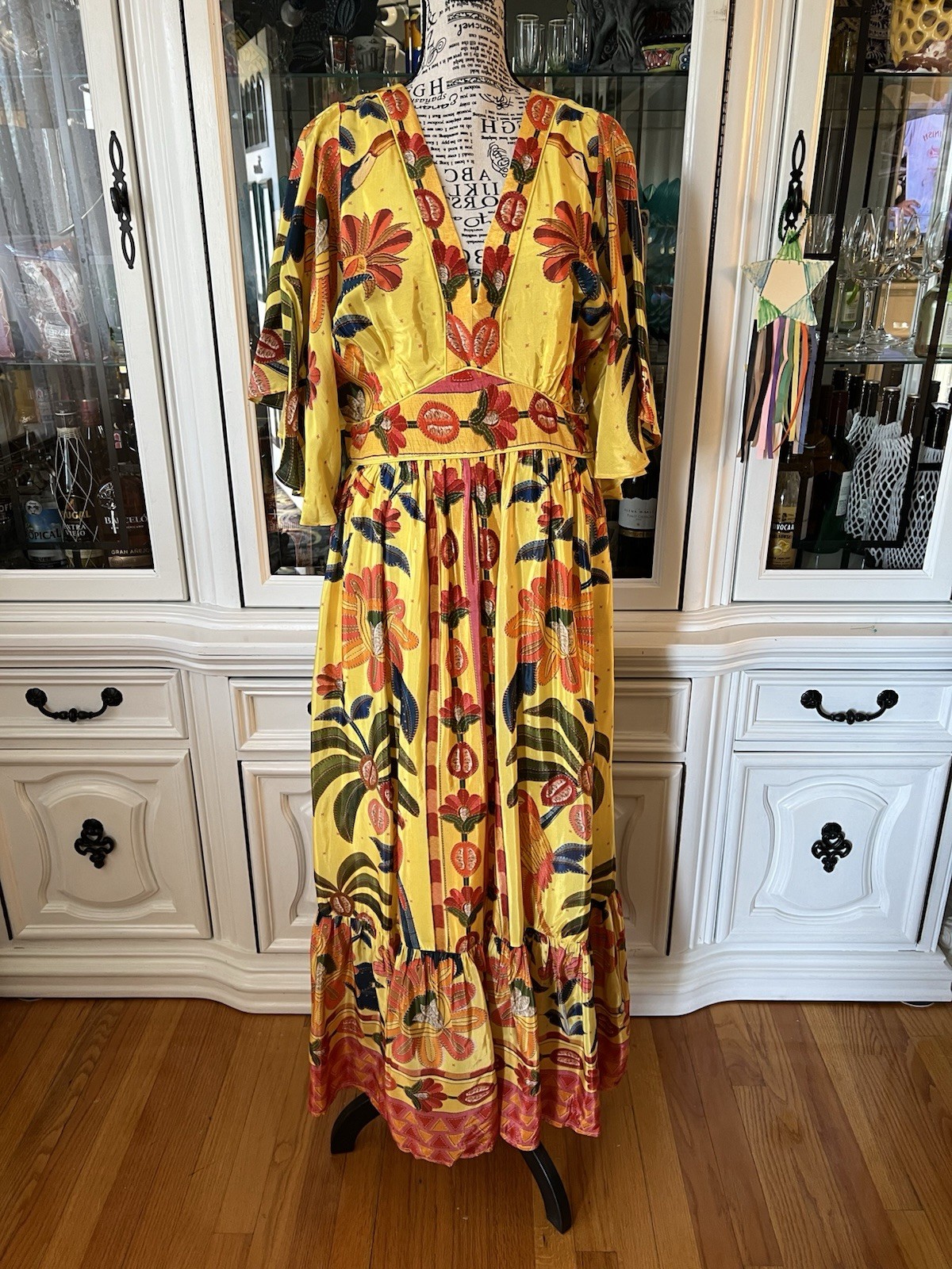 FARM Rio For Anthropologie Yellow Tropical Print Satin Like Fabric Maxi Dress M