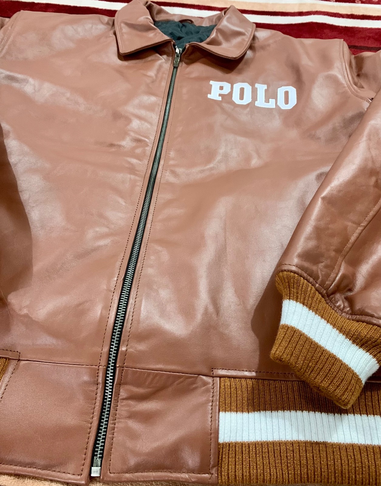 Men’s Brown Leather Bomber Jacket Zip Up Rib Knit Casual Coat.