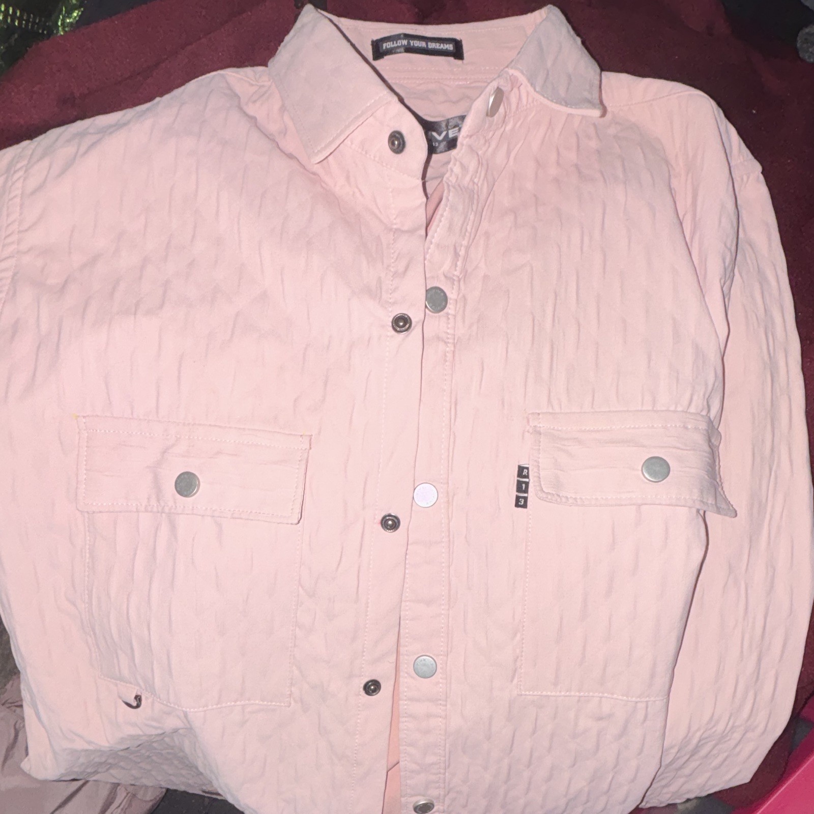 RIJIVE Pink Button-Up Shirt M Solid Long Sleeve Point Collar Chest Pockets