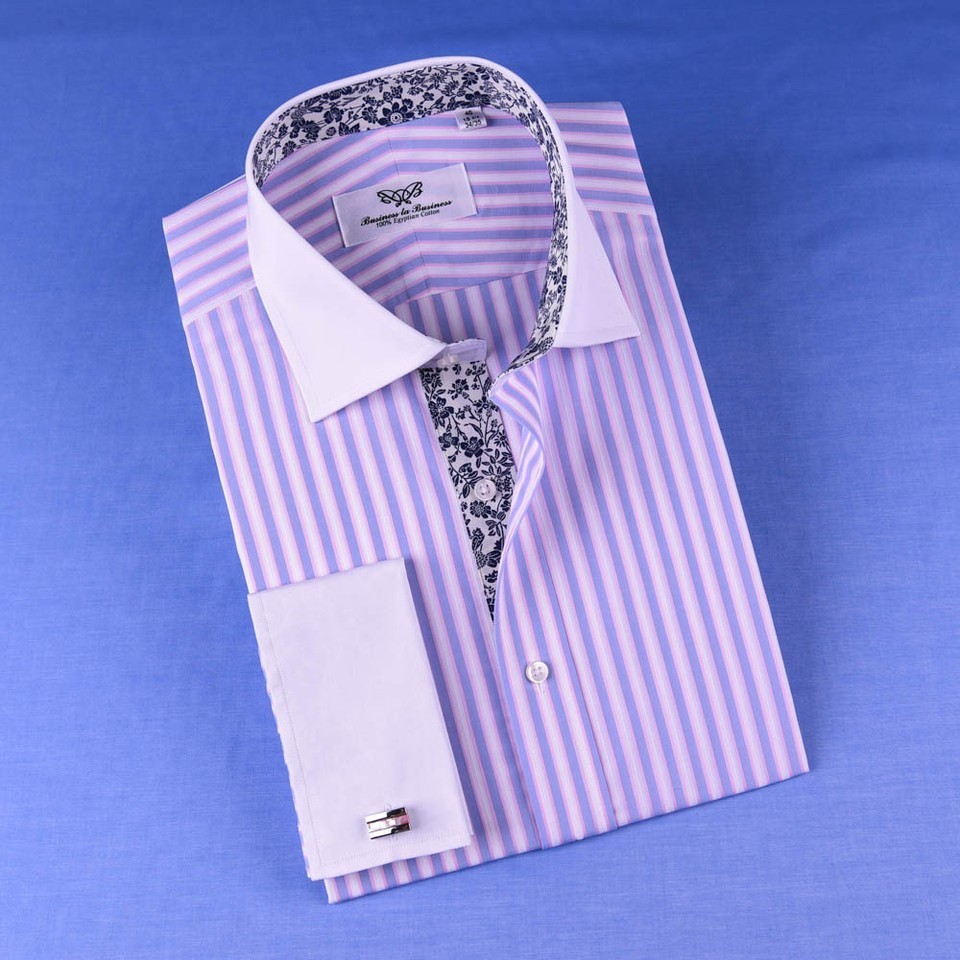 Light Purple Colored Striped Dress Shirt White Contrast Collar AndCuff Business