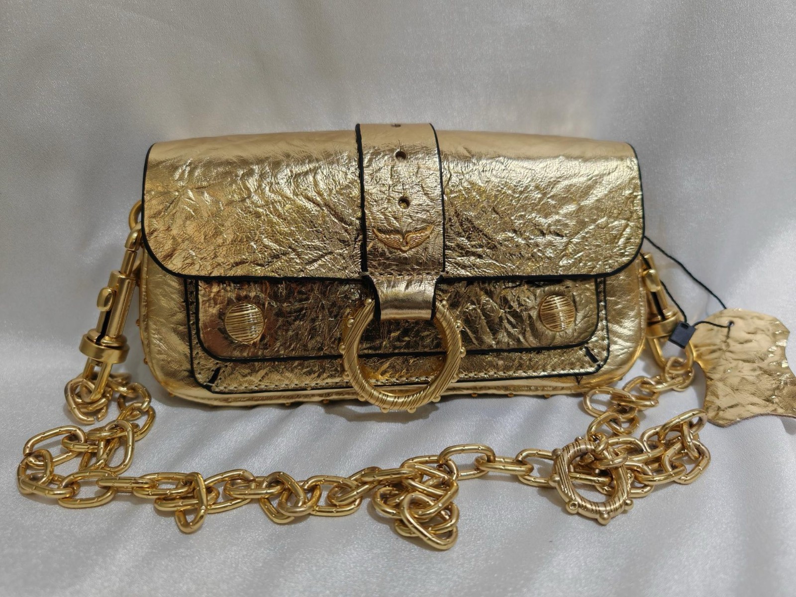 🎁🎁Zadig&Voltaire 20cm Women Gold Wrinkle Cow Leather Shoulder Bag Phone Pouch