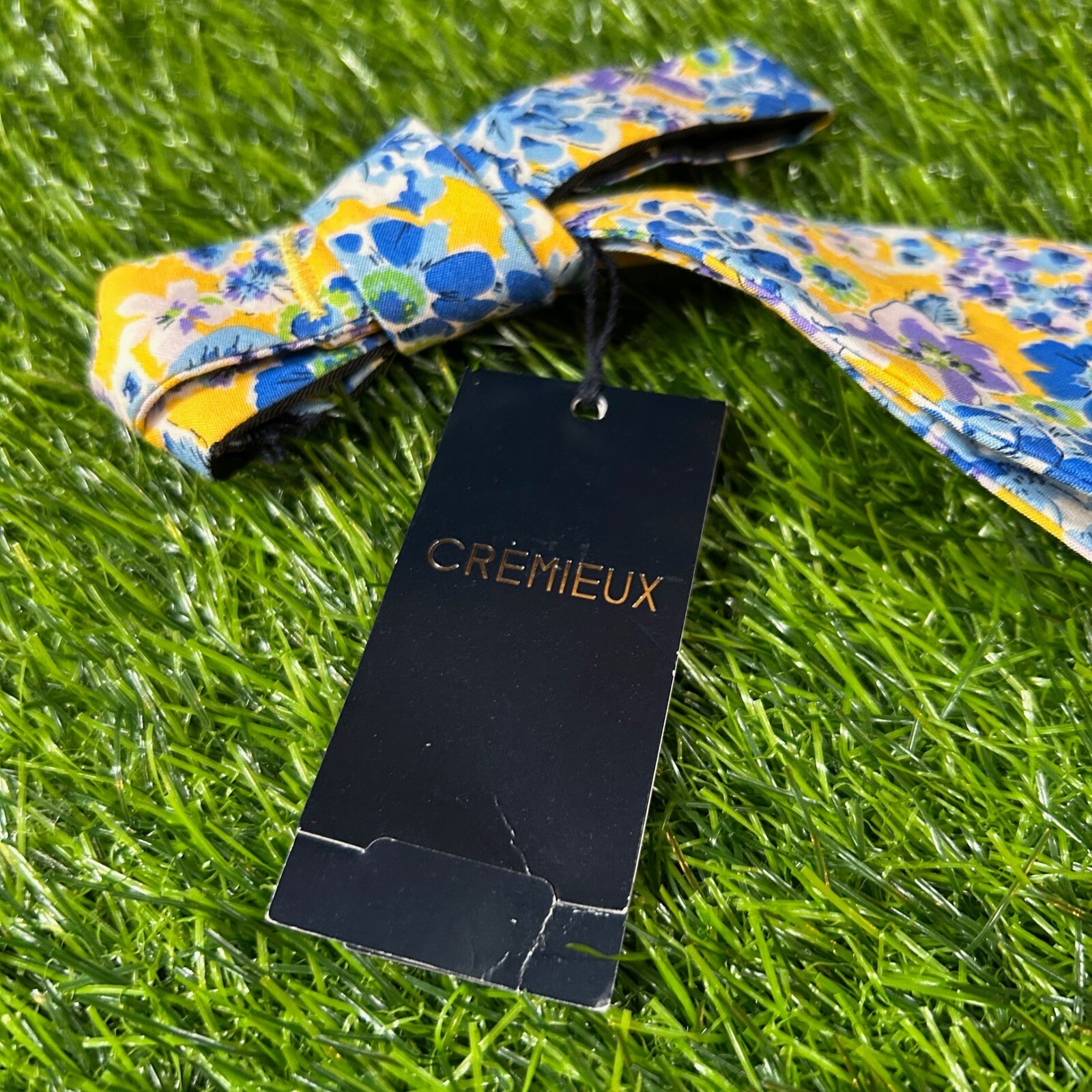 Cremieux Floral Bow Tie Yellow Blue Flower Print Self Tie Adjustable Mens NWT