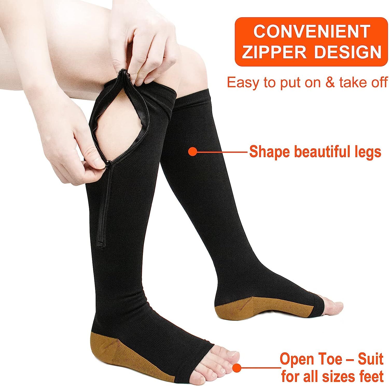 Zipper Compression Socks Stockings Women Men Knee High Socks 20-30 mmHG Open