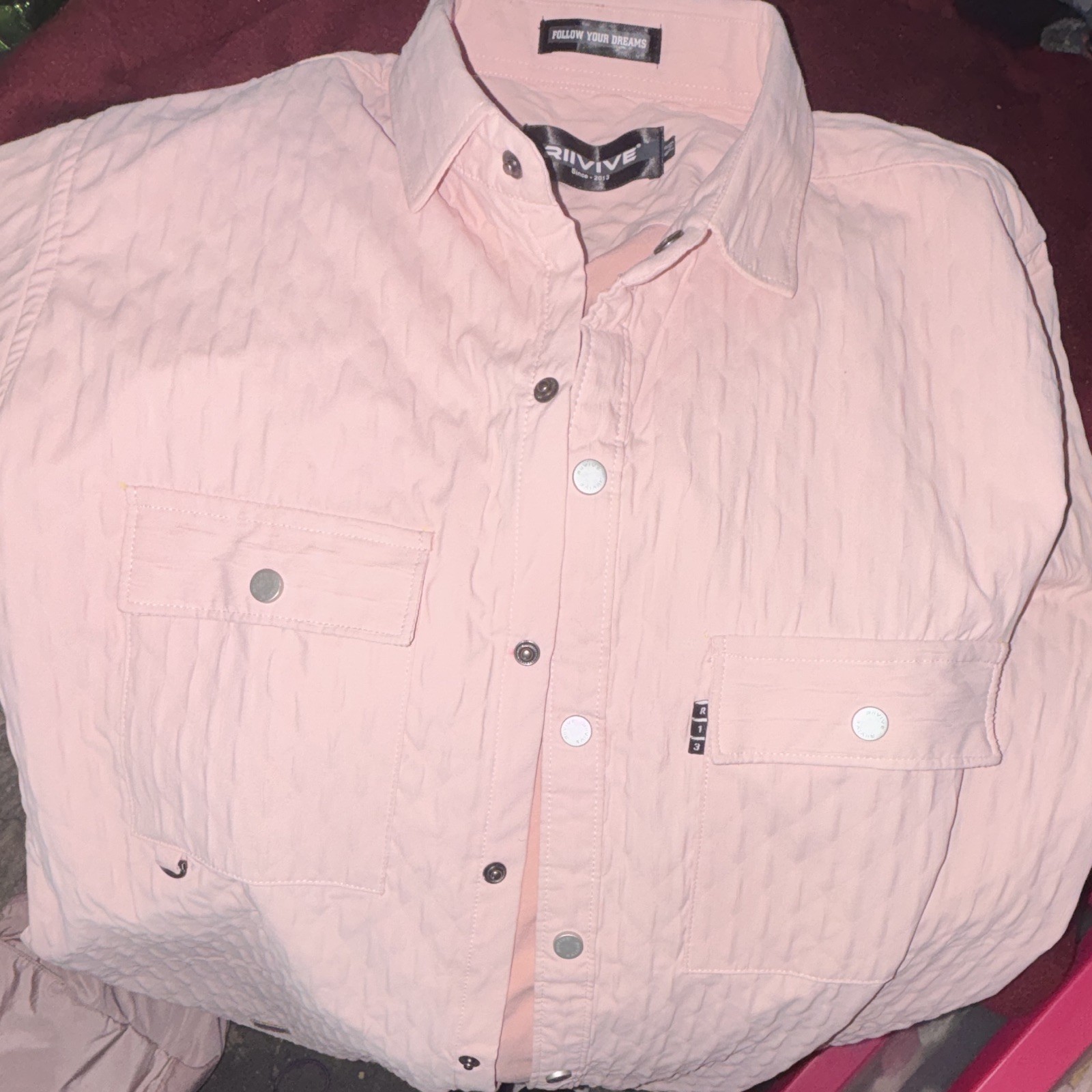 RIJIVE Pink Button-Up Shirt M Solid Long Sleeve Point Collar Chest Pockets