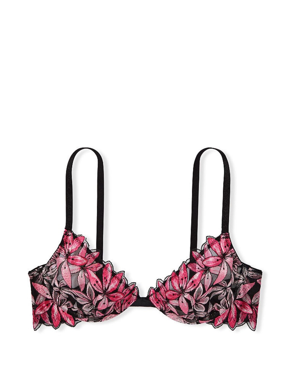 Victoria’s Secret Ziggy Floral Embroidery Bra Thong Set Set Black/Pink