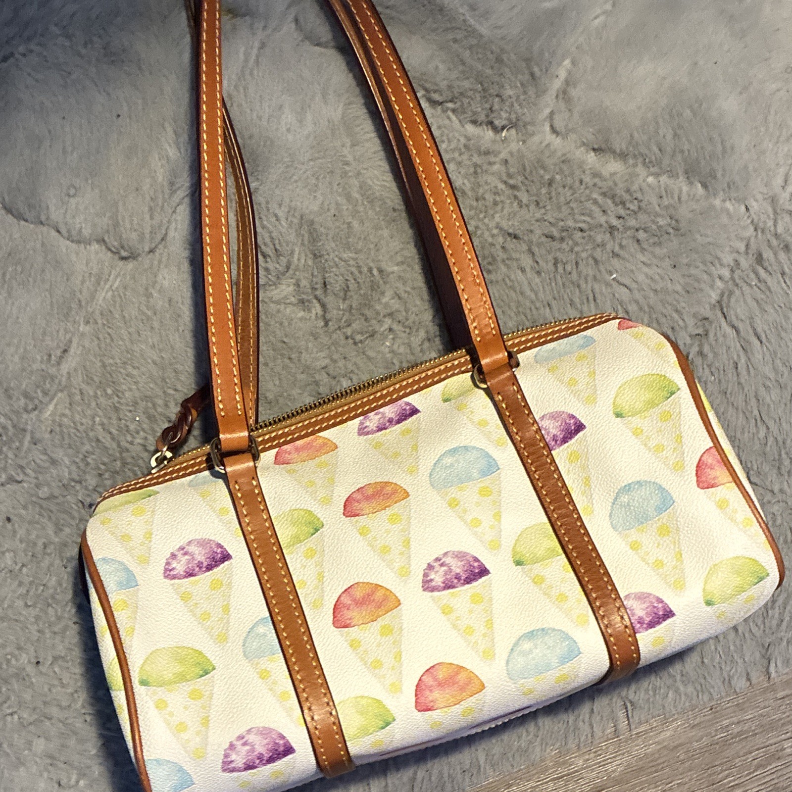 Dooney & Bourke Ice Cream Print Small Shoulder Bag Zip Brown Strap Red Lining
